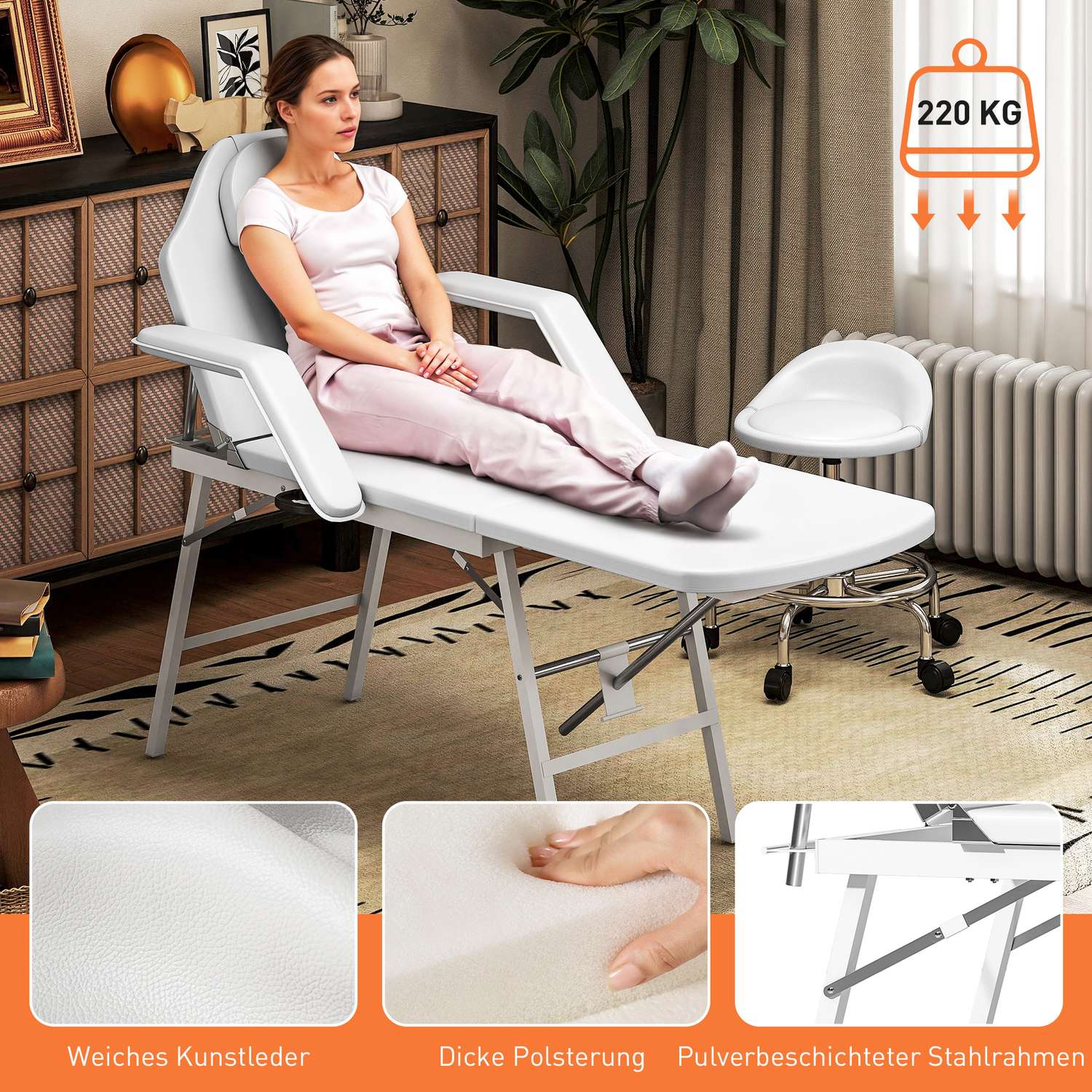 Bärbart massagebänk, justerbart rygg- och benstöd, vitt