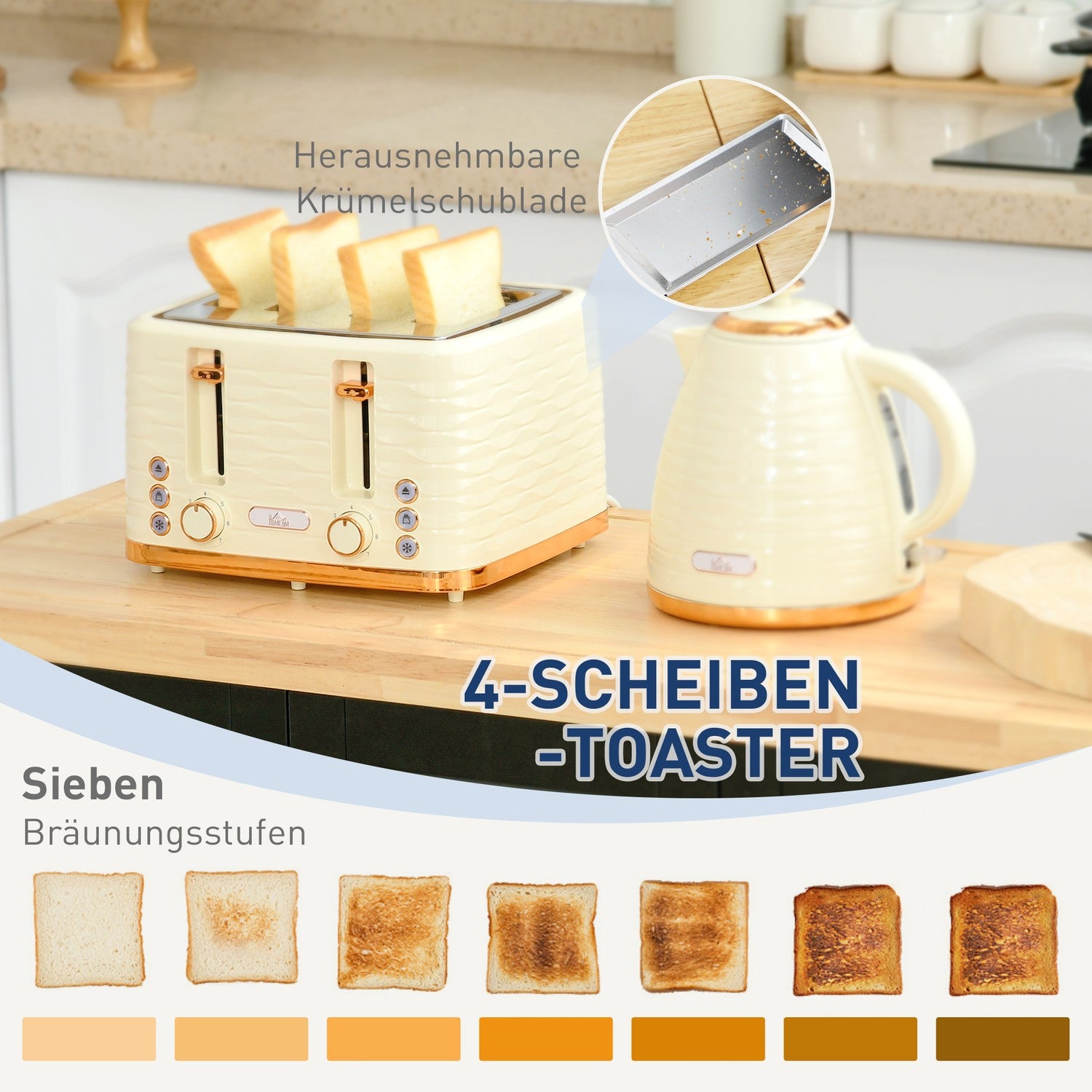 Brödrost- och vattenkokare, 7 bryningsnivåer, upptining, beige