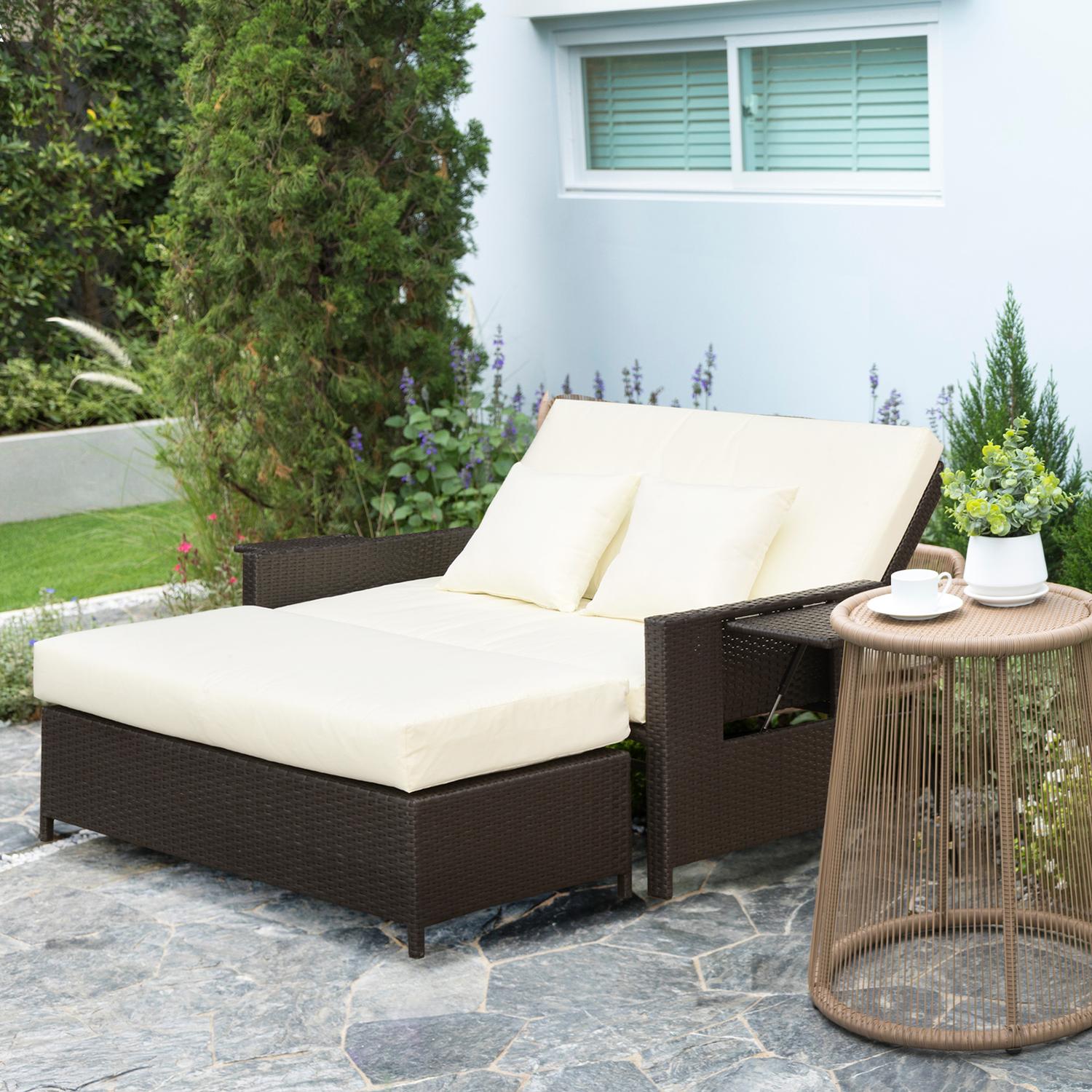Brun polyrattan 2-sits trädgårdsstol med kuddar