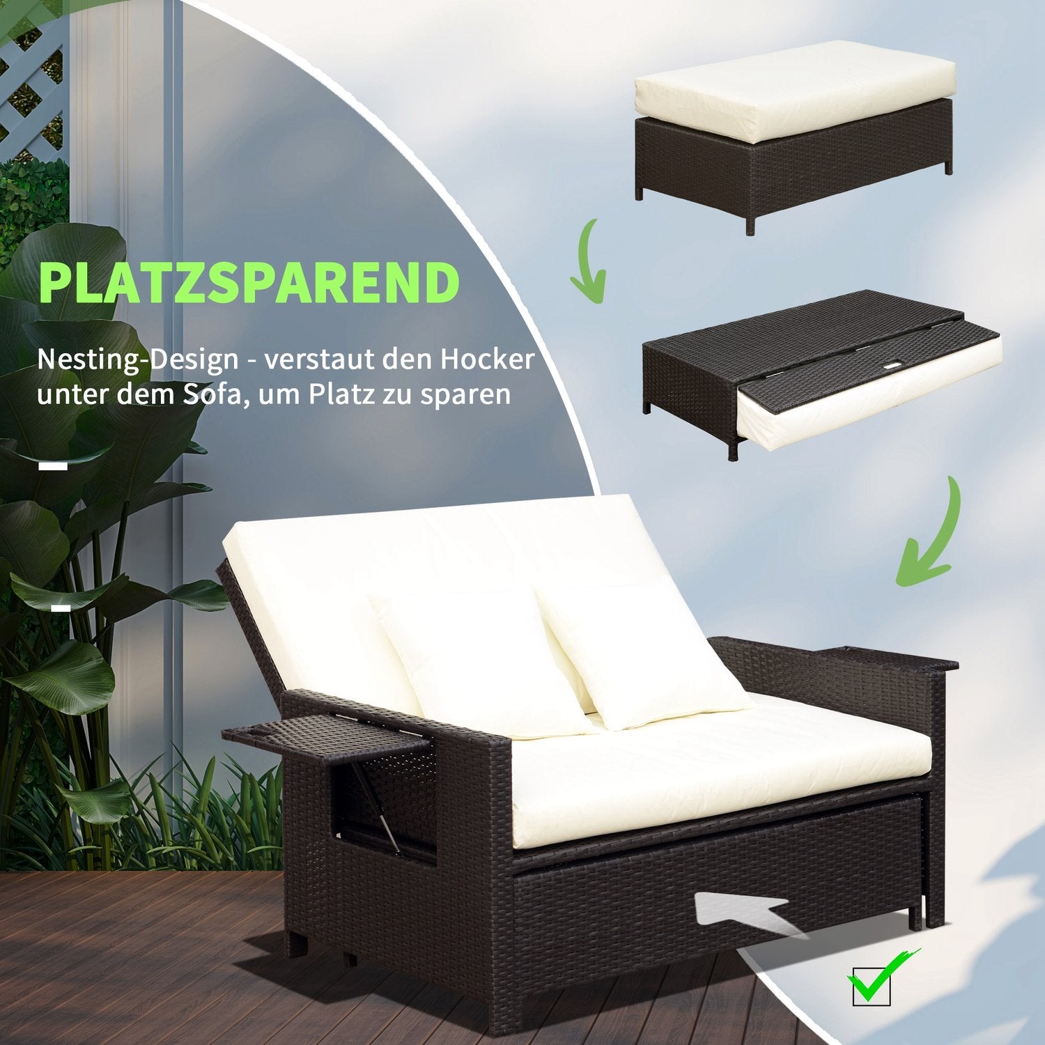 Brun polyrattan 2-sits trädgårdsstol med kuddar