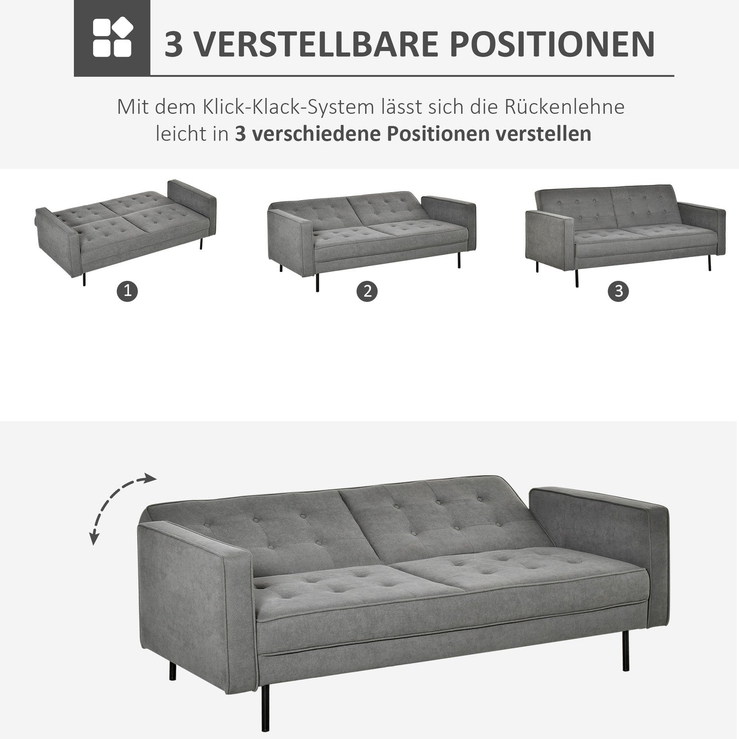 Cabriolet 3-sits bäddsoffa, justerbar, vintagegrå