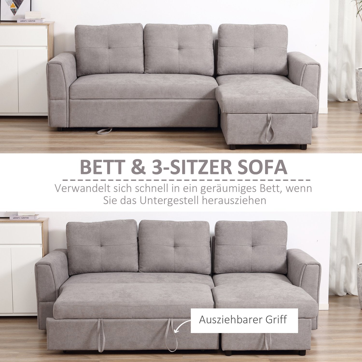 Cabriolet 3-sits bäddsoffa med schäslong, grått tyg