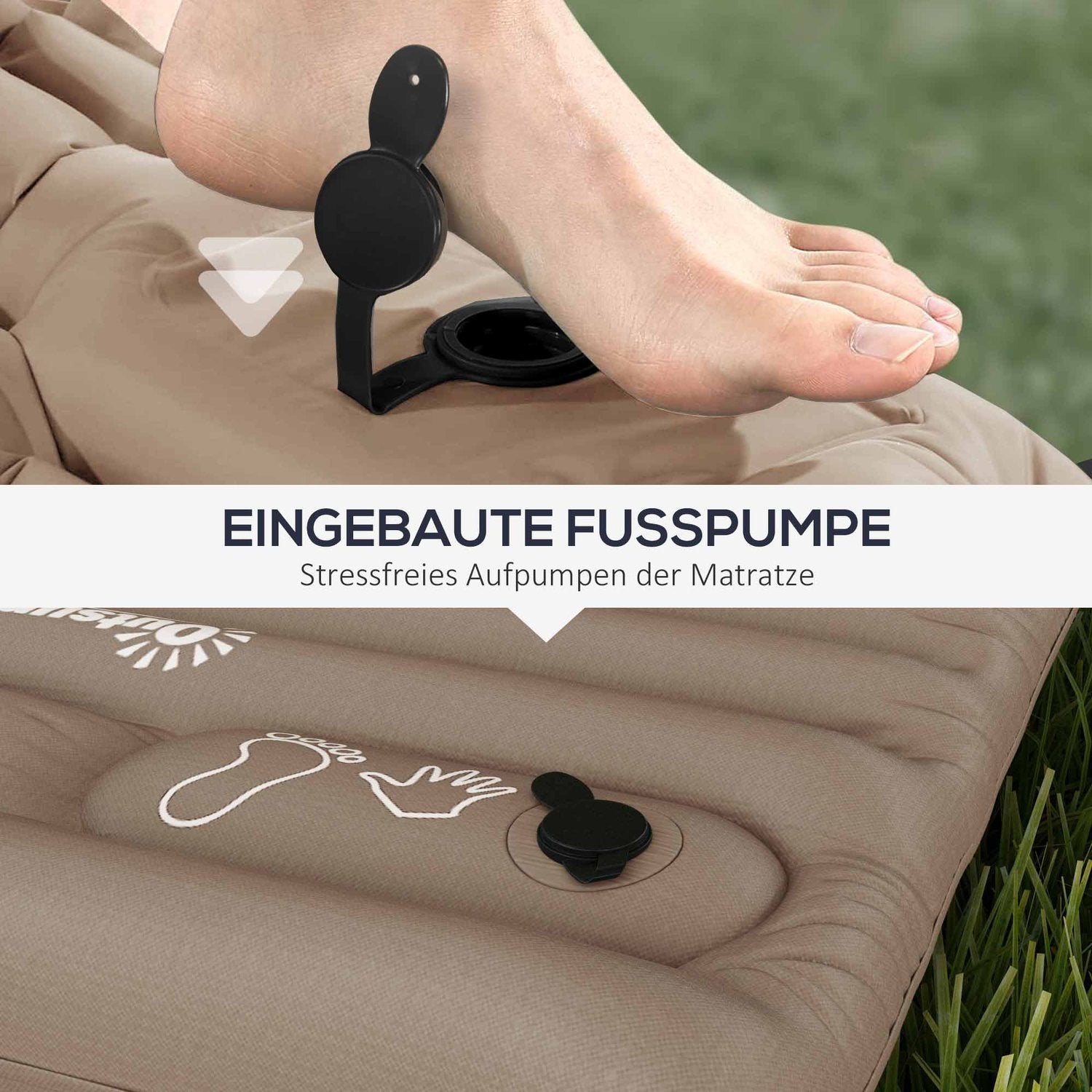 Campingluftmadrass Med Fotpump, Vattenavvisande, Khaki