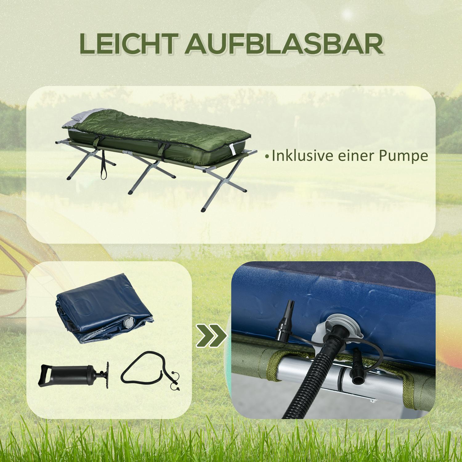 Campingsäng med kudde, hopfällbar, 120 kg kapacitet, grön