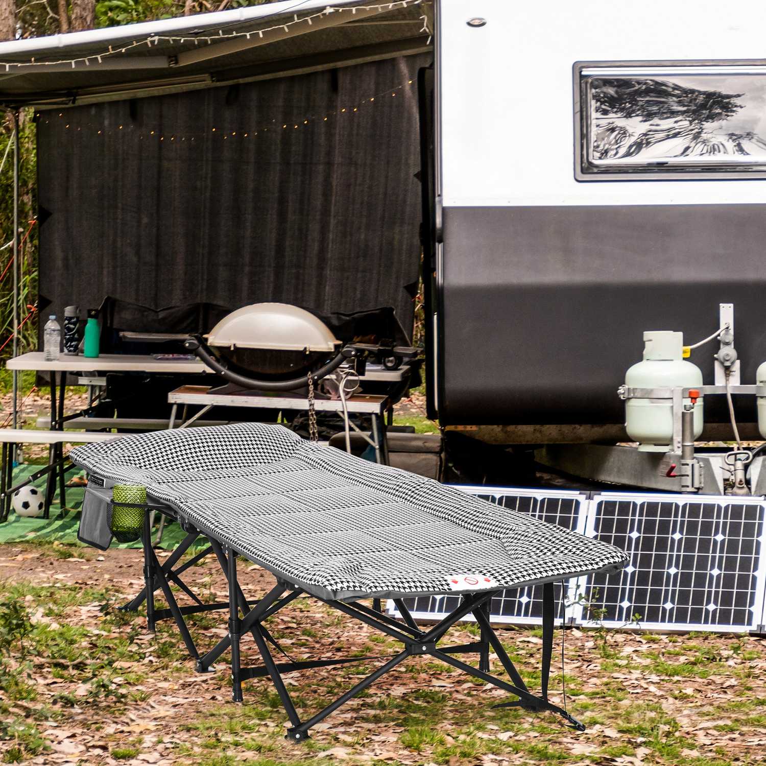 Campingsäng med väska & mugghållare, svart, 120 kg kapacitet