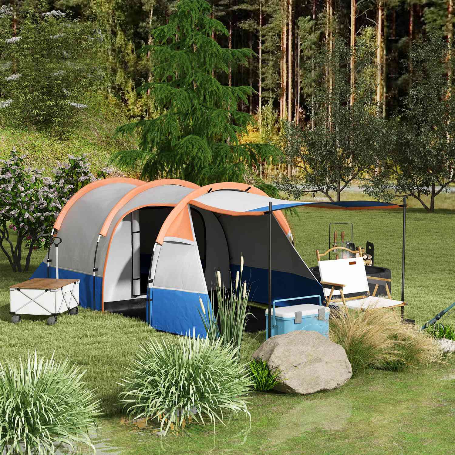Kempingový stan pro 3 osoby, 2 místnosti, odolný proti větru, vodoodpudivý do 2000 mm
