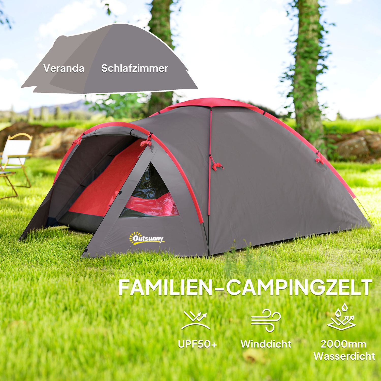 Campingtält för 3 personer, lätt, stabilt, vattentätt, UV 50+, med kapell, dörr, fönster, markduk, grå