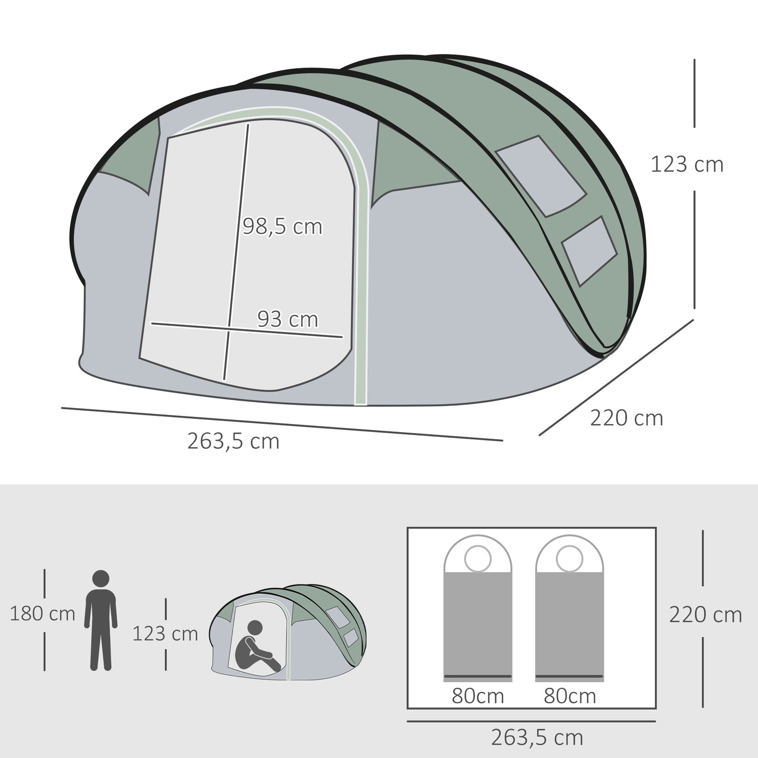 Campingtält för 4-5 personer, mörkgrönt/grå, vattentätt