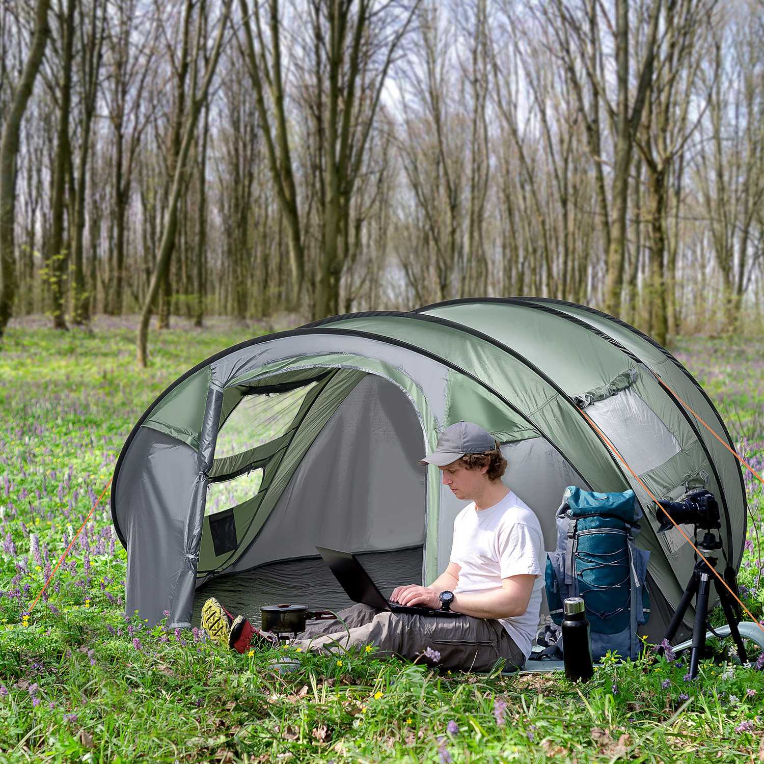 Campingtält för 4-5 personer, mörkgrönt/grå, vattentätt