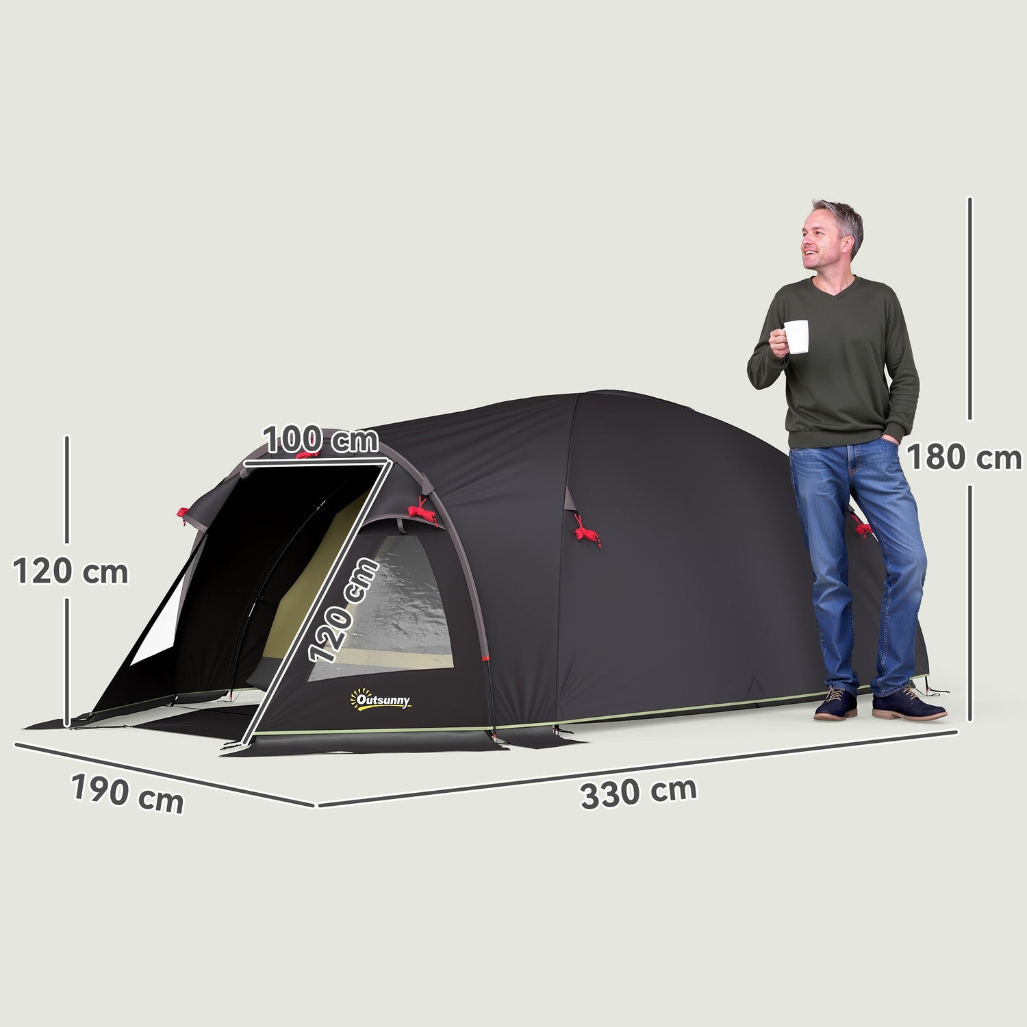 Campingtält för 4 personer, lätt, stabilt, UV 50+ tunneltält med kapell, sidodörr och fönster, svart