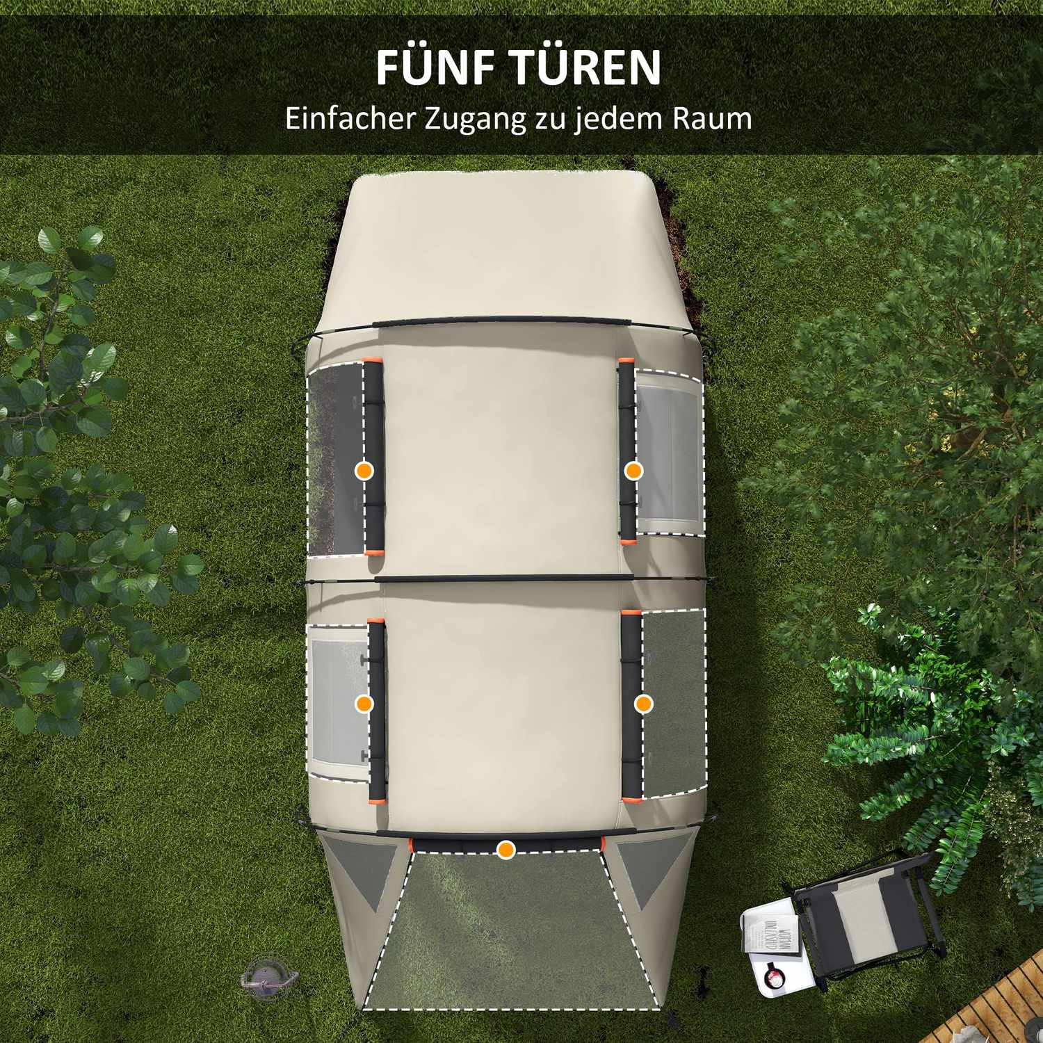 Kempingový tunelový stan – pro 5 osob, 2 pokoje, khaki, voděodolný