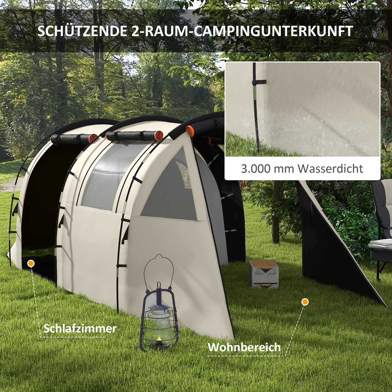 Kempingový tunelový stan – pro 5 osob, 2 pokoje, khaki, voděodolný