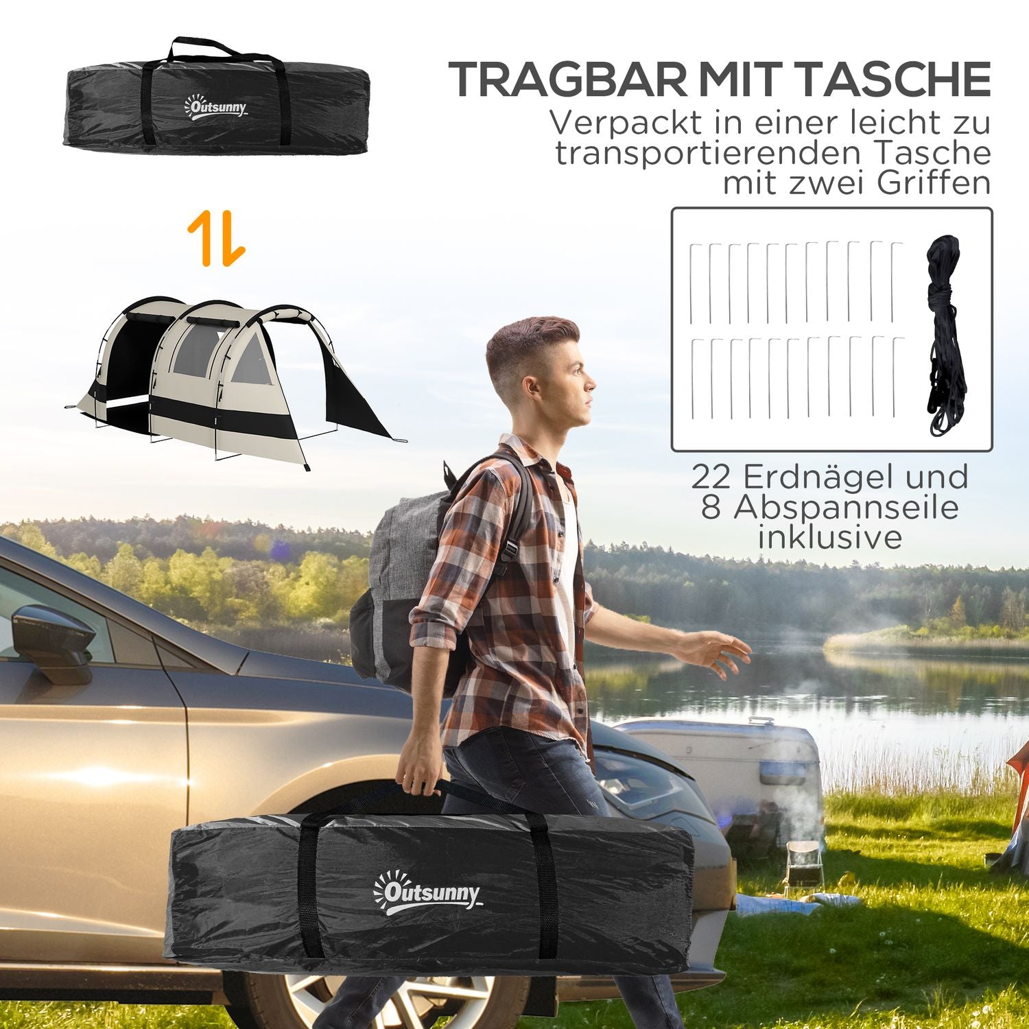 Kempingový tunelový stan – pro 5 osob, 2 pokoje, khaki, voděodolný