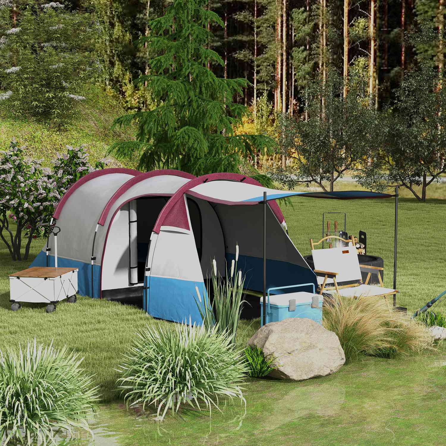 Campingtunneltält för 3 personer – vindtätt, 2 rum