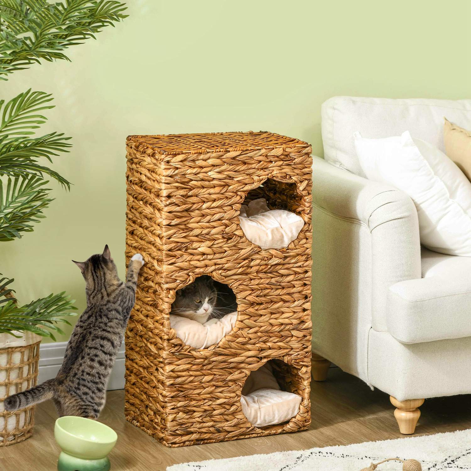 Cat Barrel Tower, 76 cm, 3 grottor, vattenhyacint, ljusbrun