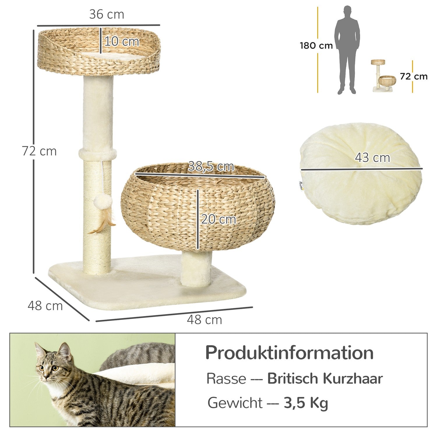 Cat Climbing Tree 72cm med sängar & lekboll, Beige/Cream