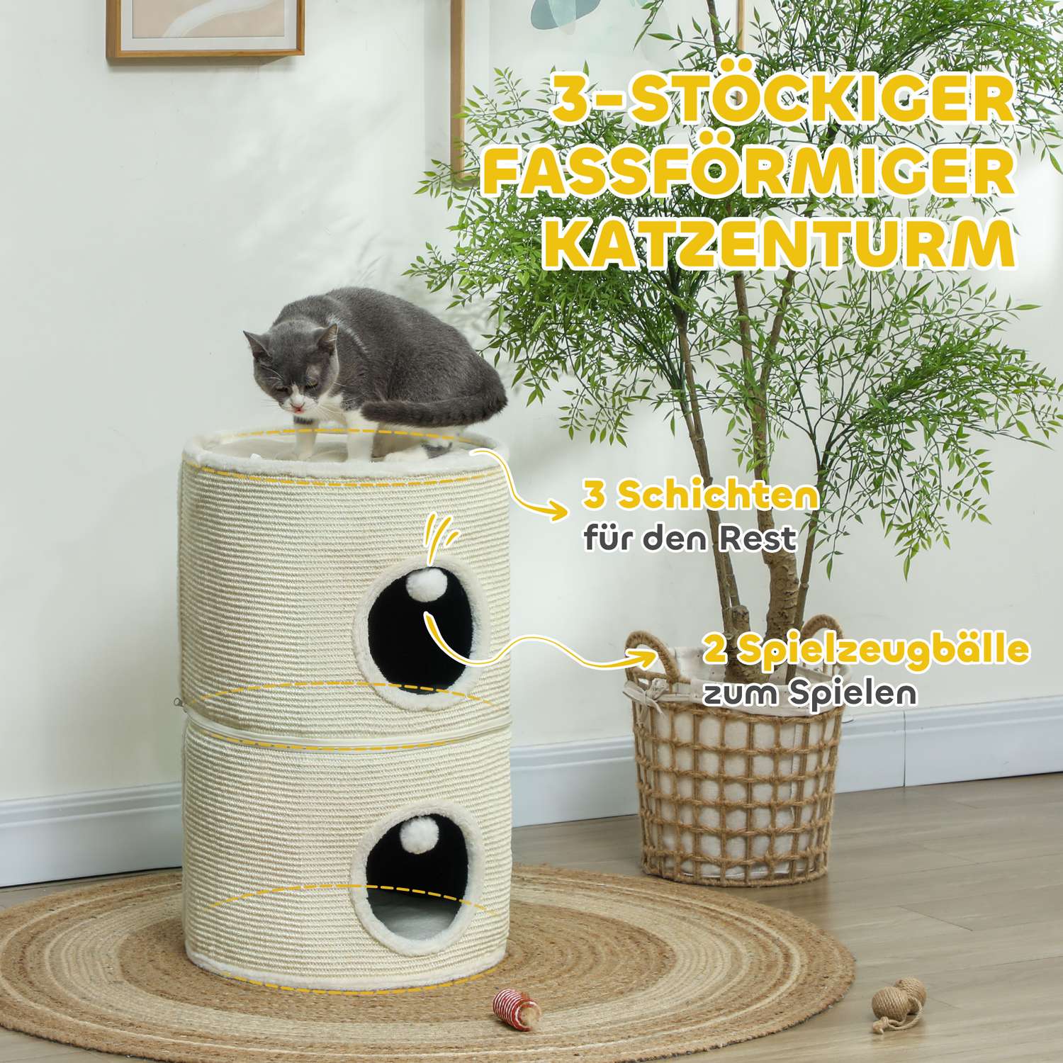 Kočičí škrabadlo Fat s pelíšky, 69 cm, krémově bílé