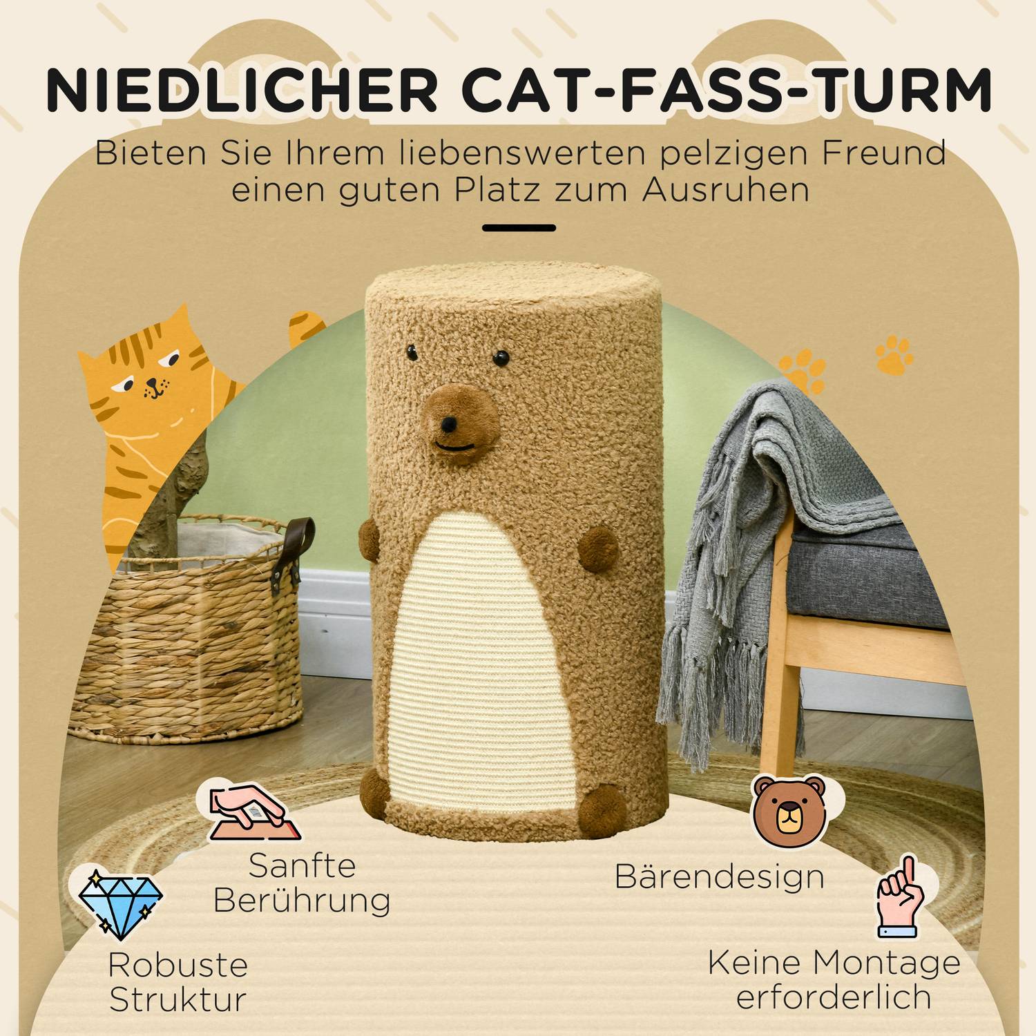 Cat Scratching Tower med grottor och bräda, ljusbrun, 66cm