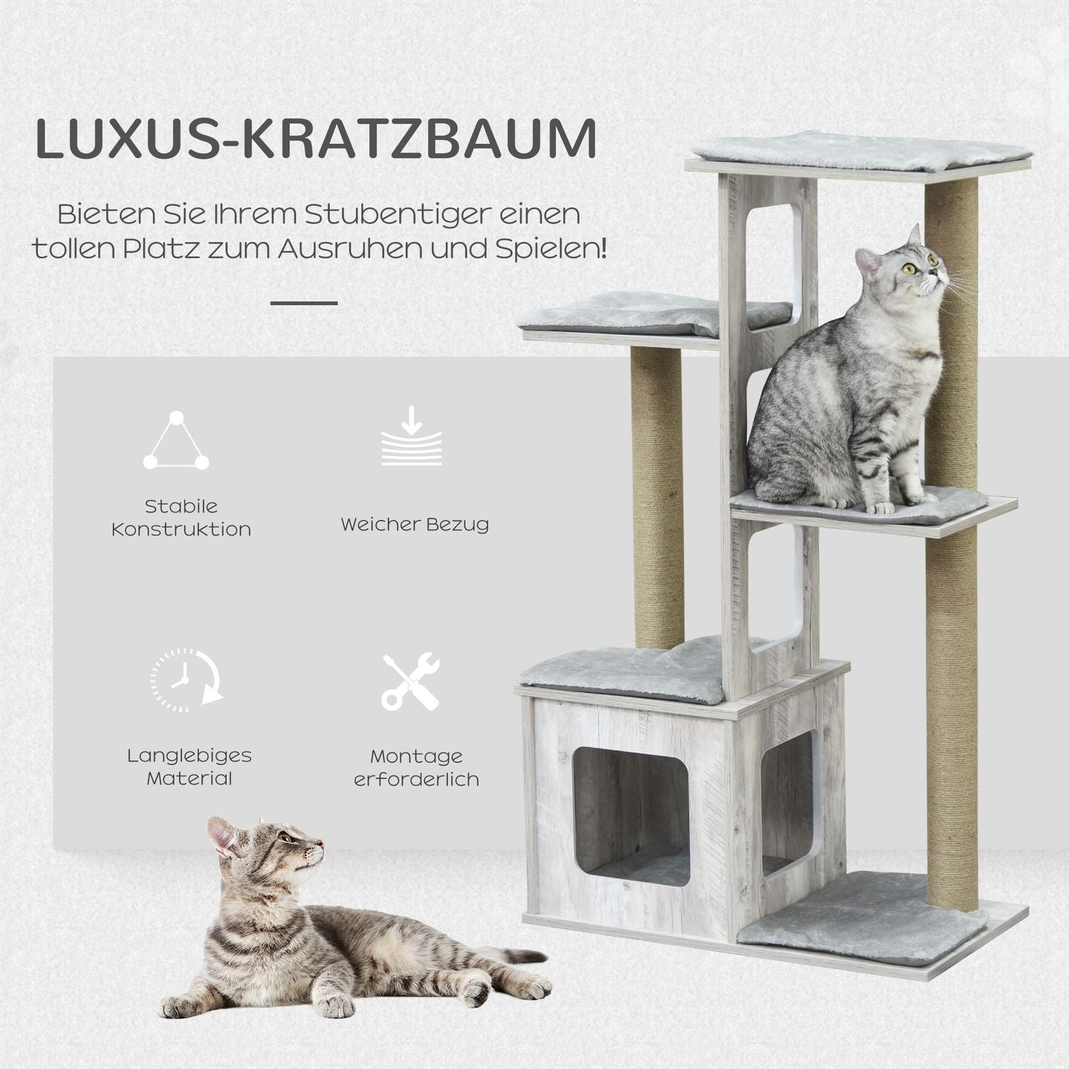 Cat Tree Activity Center – Grå juteplysch, 67x38,5x114 cm