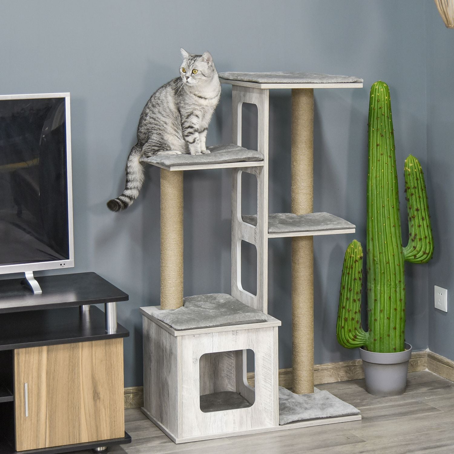 Cat Tree Activity Center – Grå juteplysch, 67x38,5x114 cm