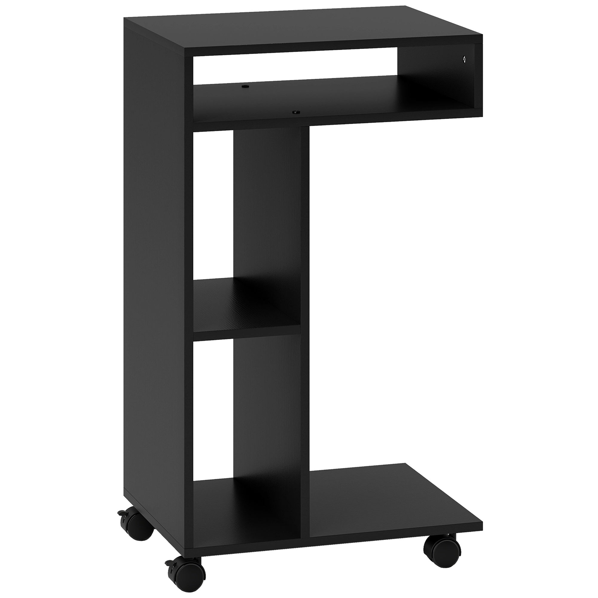 C-format sidobord med hjul, 3 hyllor, 40x30x69 cm, svart