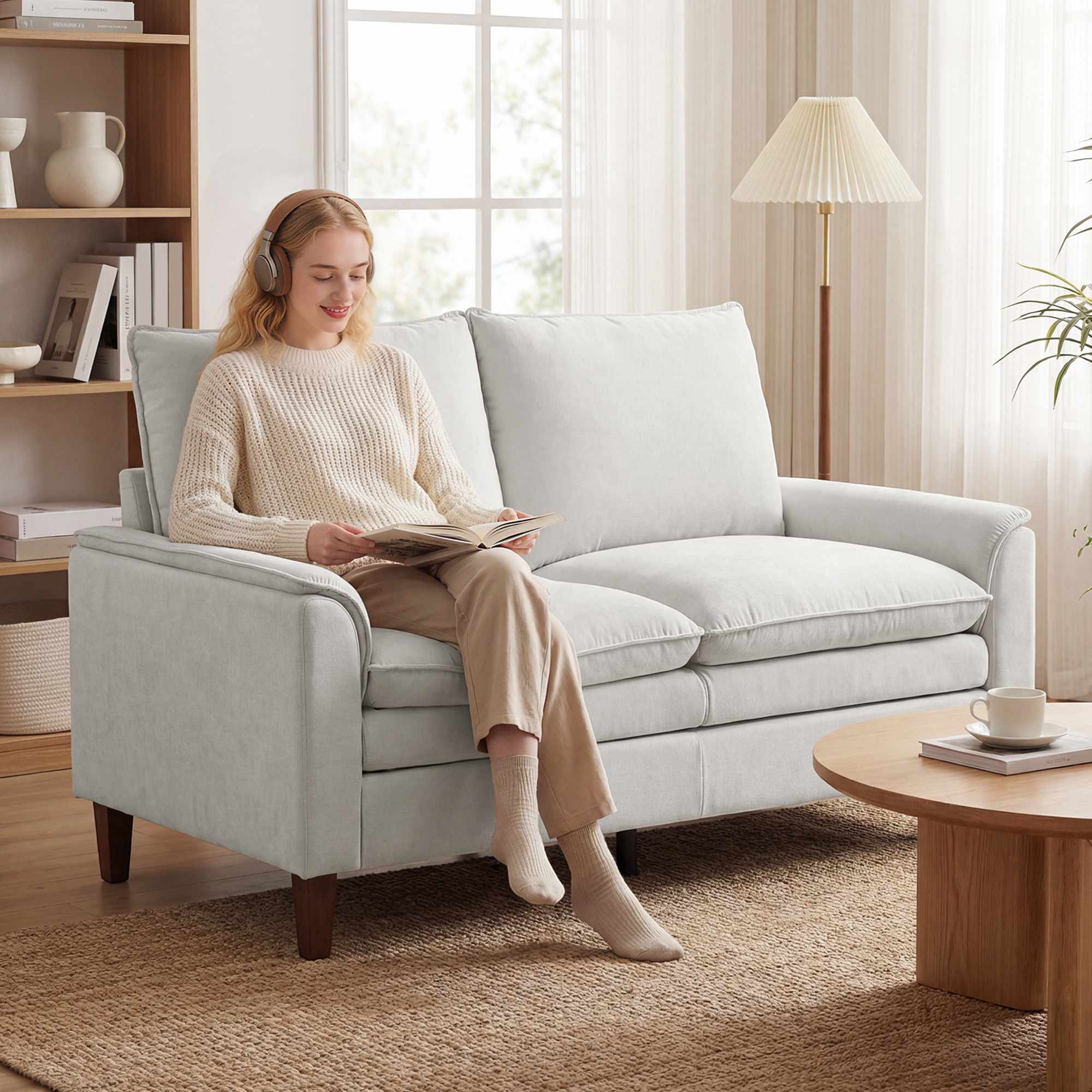 Chenille-soffa med två setar, krämfärgad, 24 cm dyna, hög rygg