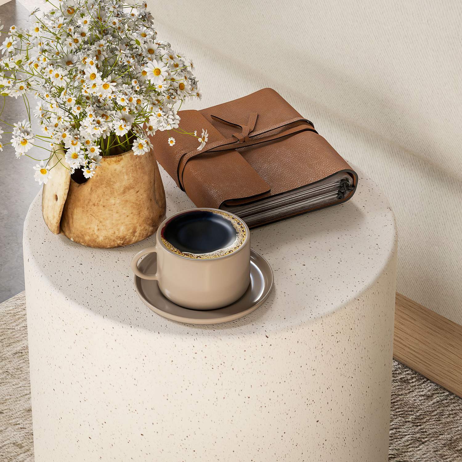 Creme White Stone-Look Soffbord, Ø37 x 43 cm