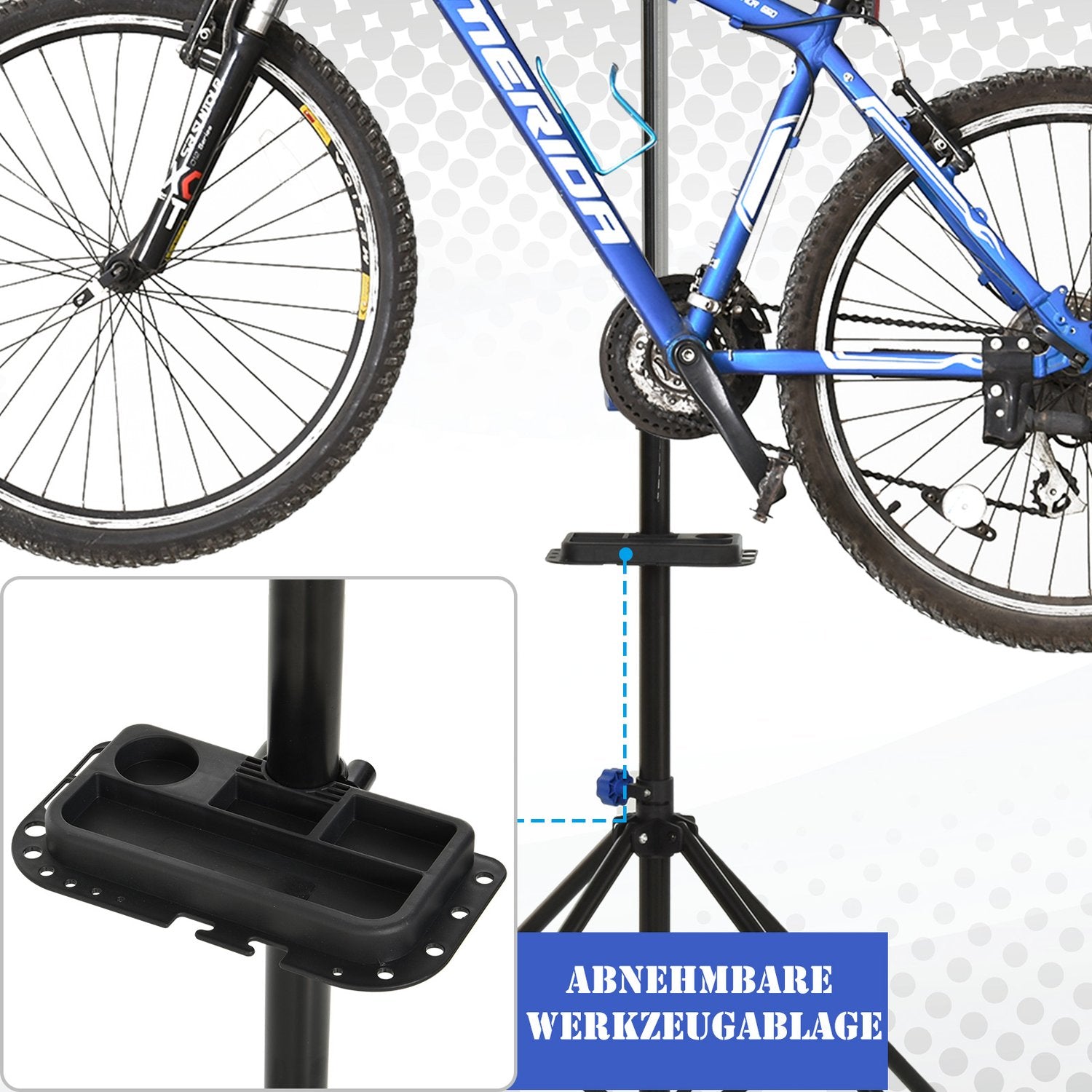 Cykelreparationsställ med bricka, justerbart, fyrbent, svart
