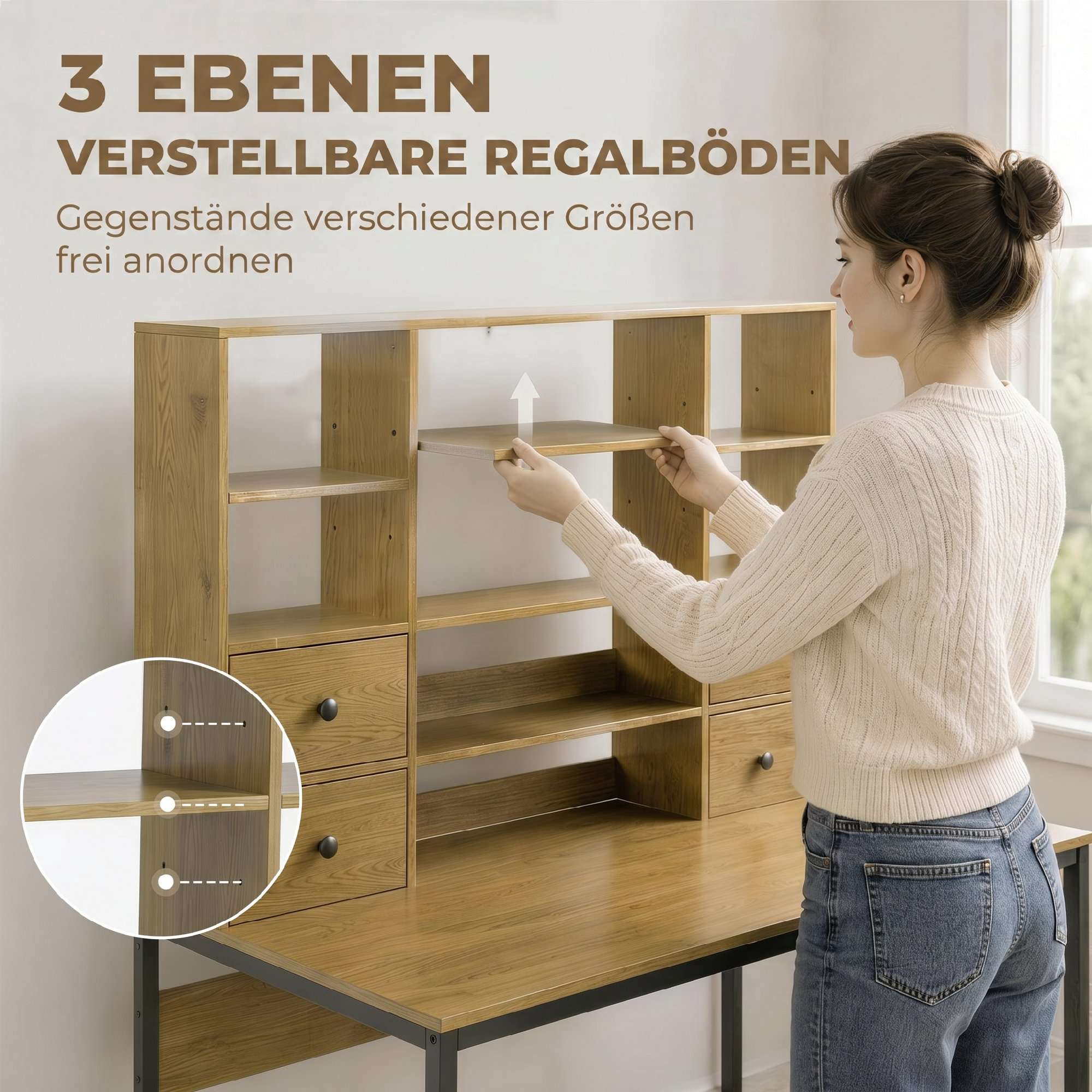 Datorskrivbord 105 cm med 4 lådor och hyllor, naturfärgad