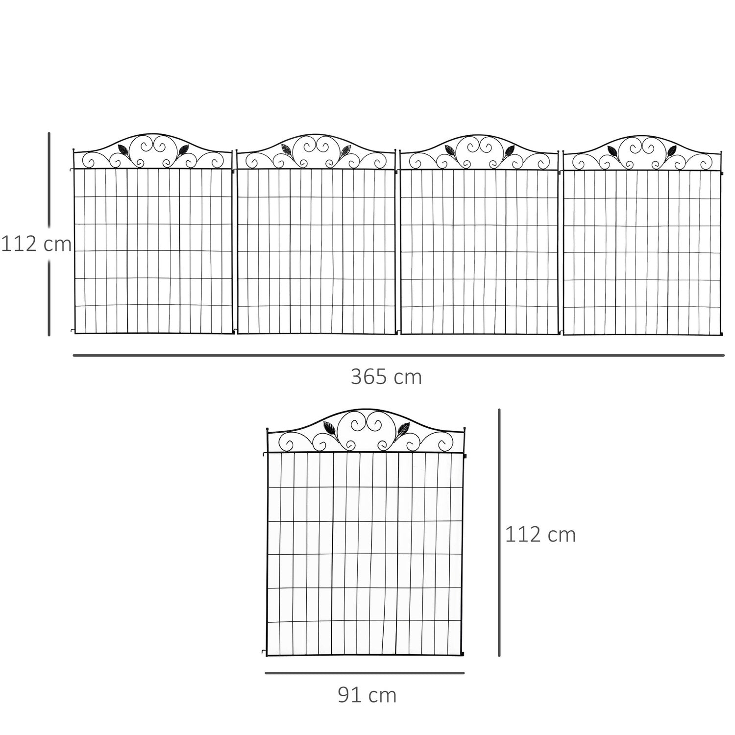 Dekorativní černý kovový zahradní plot, sada 4 panelů, 365x112 cm