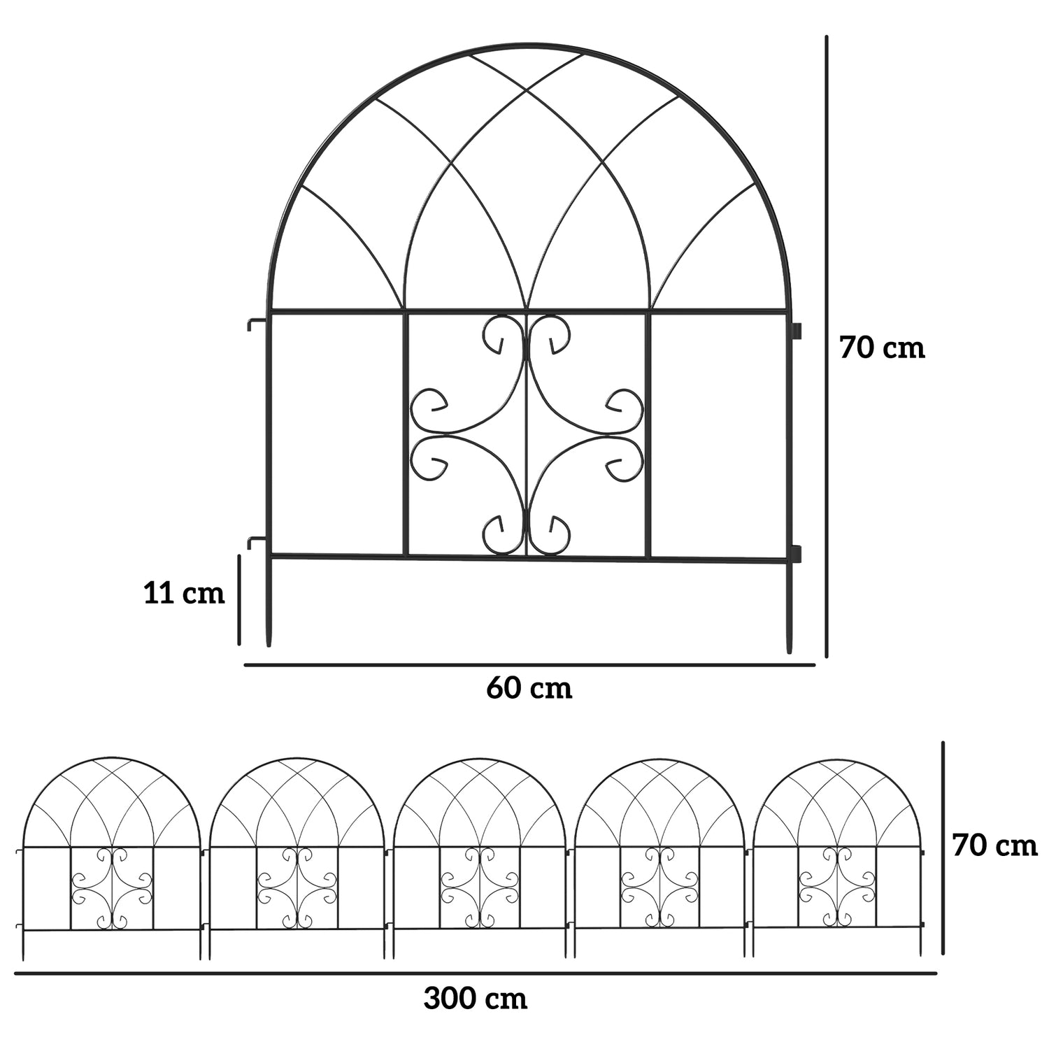 Dekorativní ocelový zahradní plot, 300x70 cm, černá síť