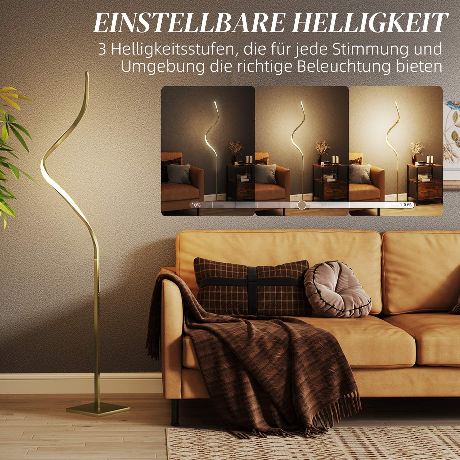 Stmívatelná LED stojací lampa se spirálovým designem, 3 barvy světla, zlatá