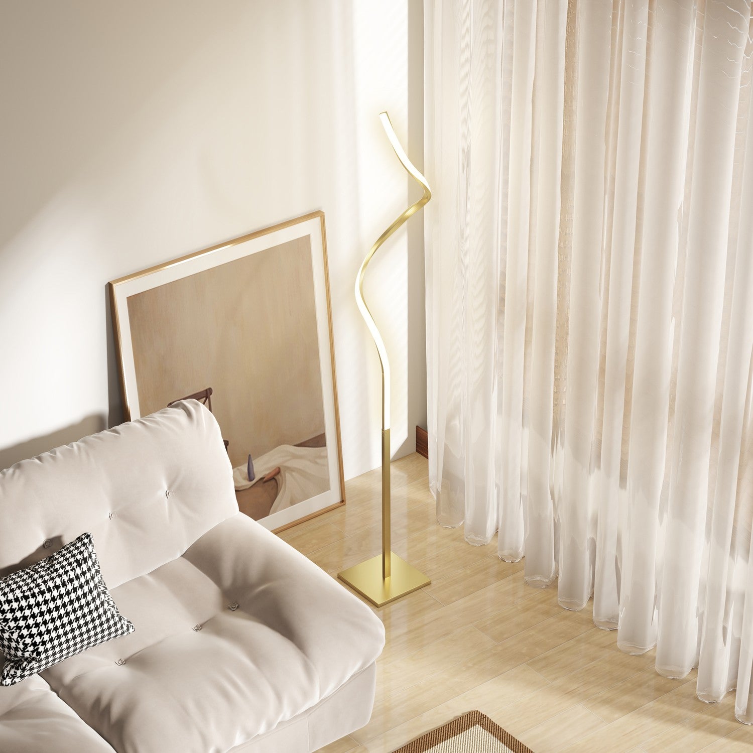 Stmívatelná LED stojací lampa se spirálovým designem, 3 barvy světla, zlatá