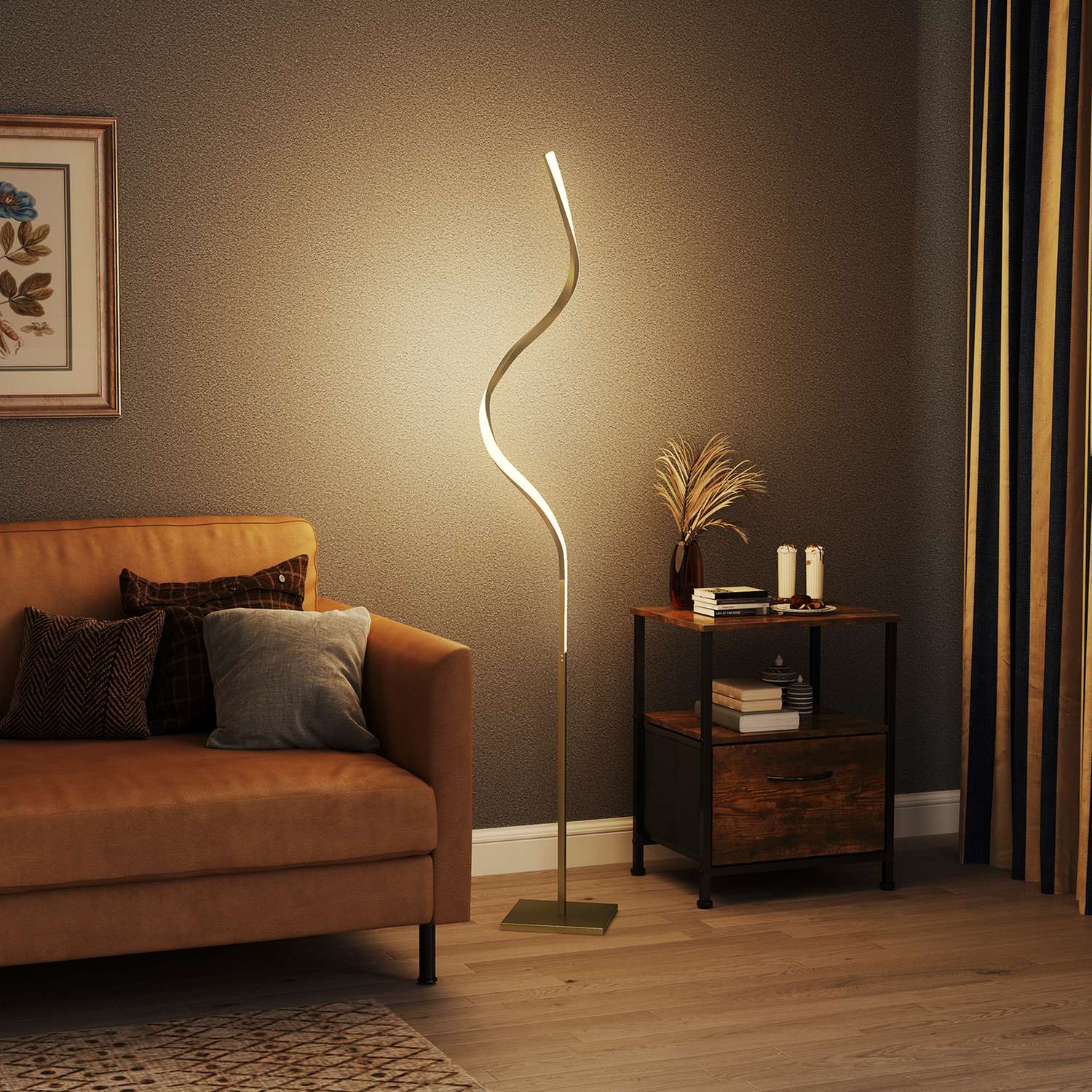 Stmívatelná LED stojací lampa se spirálovým designem, 3 barvy světla, zlatá