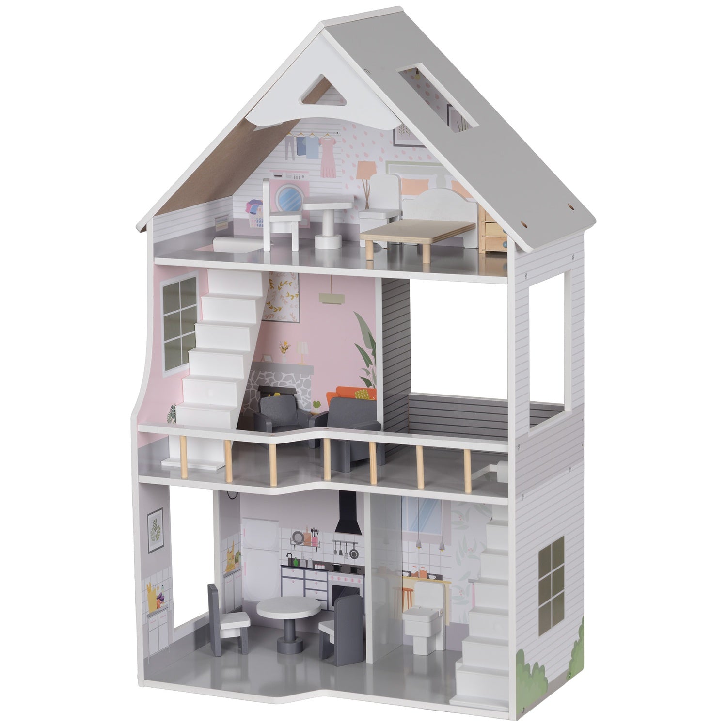 Dřevěný domeček pro panenky s nábytkem, 3 patra, výška 85,3 cm