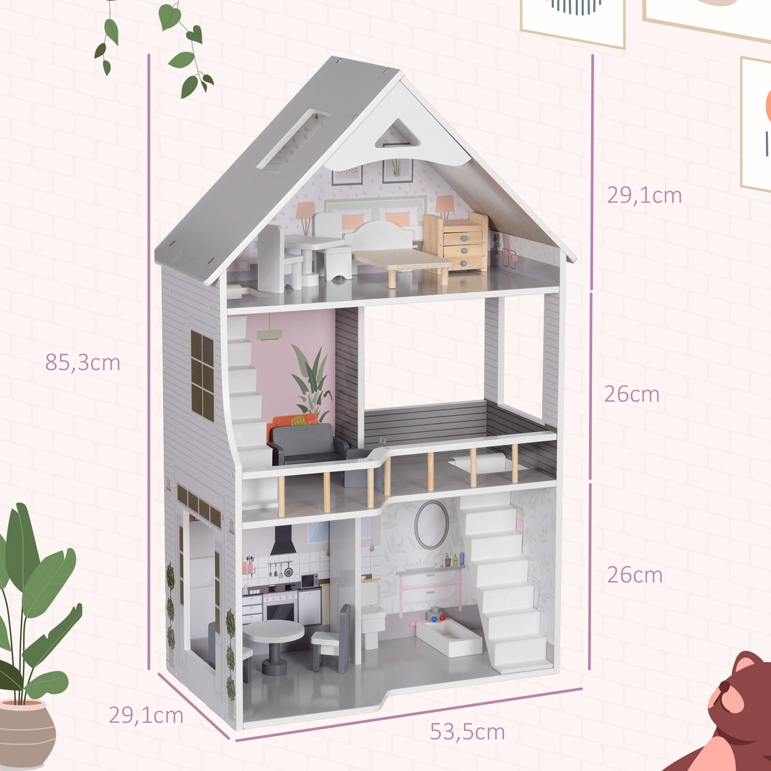 Dřevěný domeček pro panenky s nábytkem, 3 patra, výška 85,3 cm