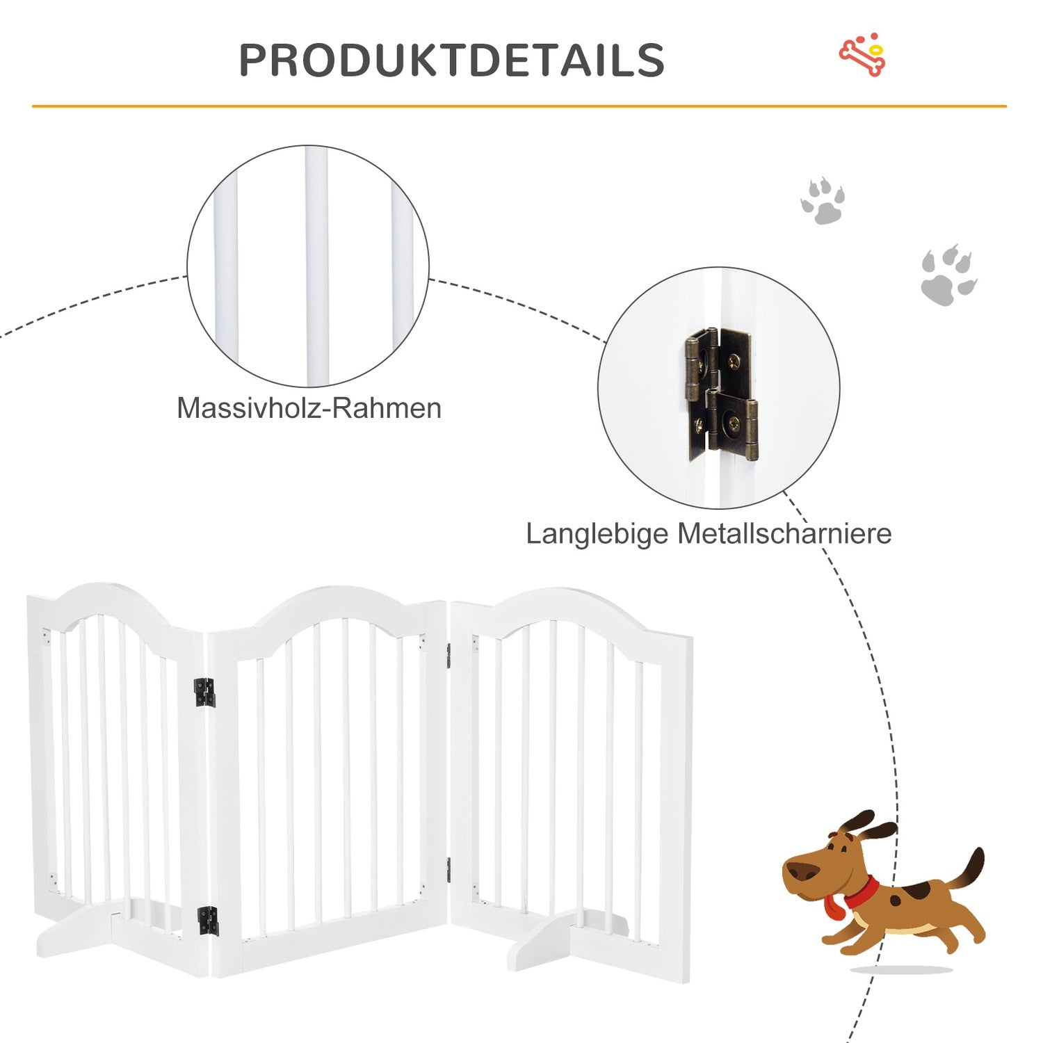 Dog Gate Barrier, Stabil 3-Panel MDF, Vikbar, Vit