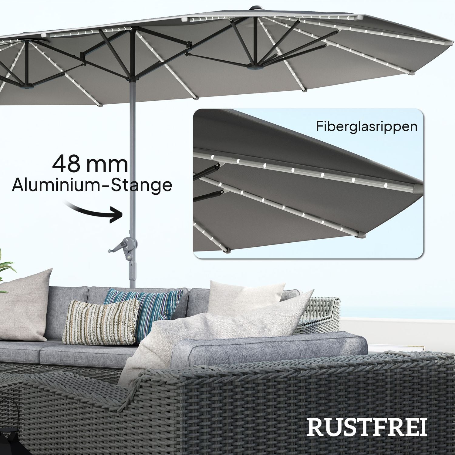 Dvojitý slunečník s LED osvětlením, UV50+ ochranou, tmavě šedý