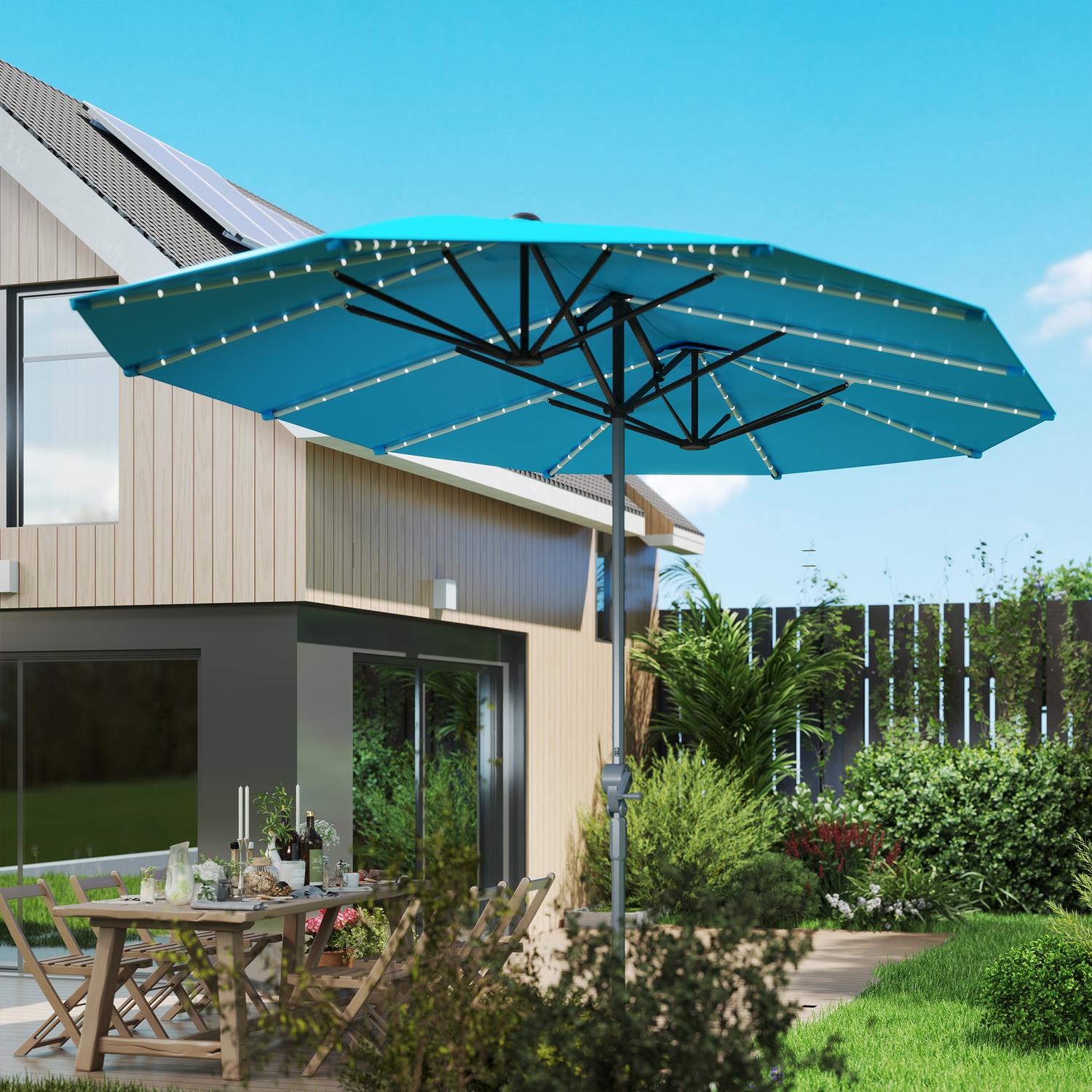 Dvojitý slunečník se solárními LED diodami, hliníkový, UV 50+ – modrý