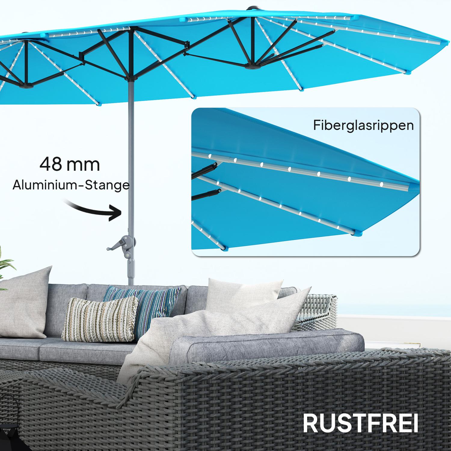 Dvojitý slunečník se solárními LED diodami, hliníkový, UV 50+ – modrý