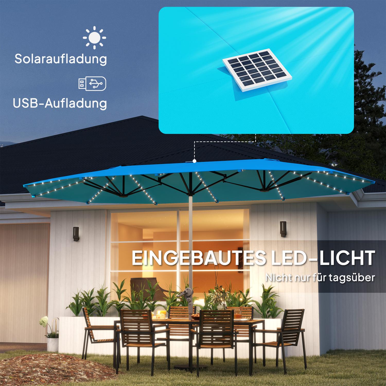 Dvojitý slunečník se solárními LED diodami, hliníkový, UV 50+ – modrý