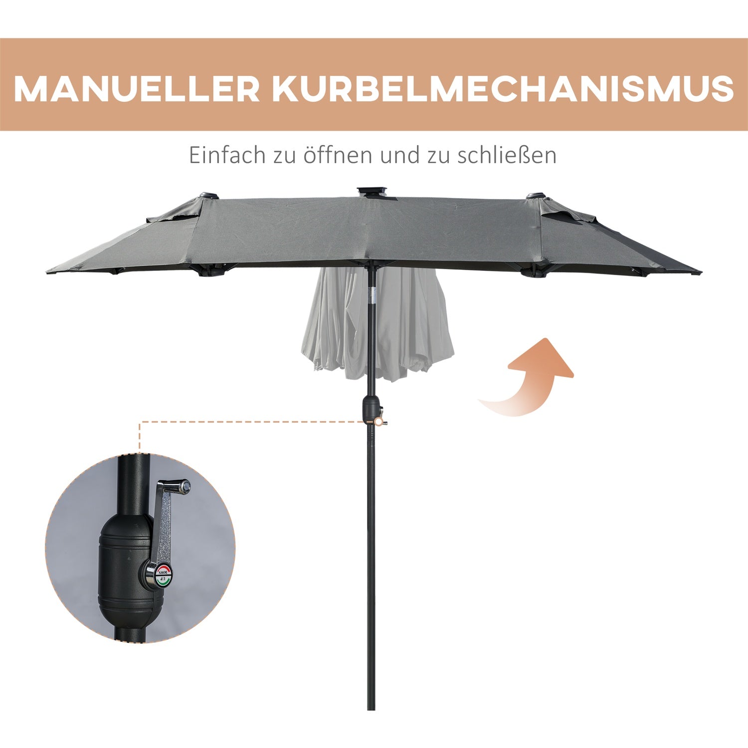 Dvojitý zahradní slunečník, 295x219cm, odolný proti větru s LED osvětlením a naklápěním
