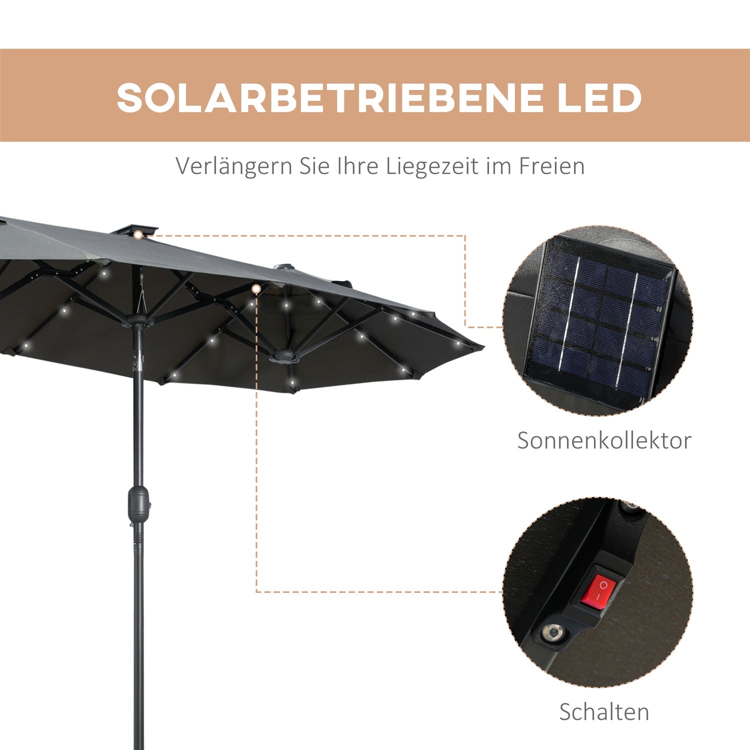 Dvojitý zahradní slunečník, 295x219cm, odolný proti větru s LED osvětlením a naklápěním