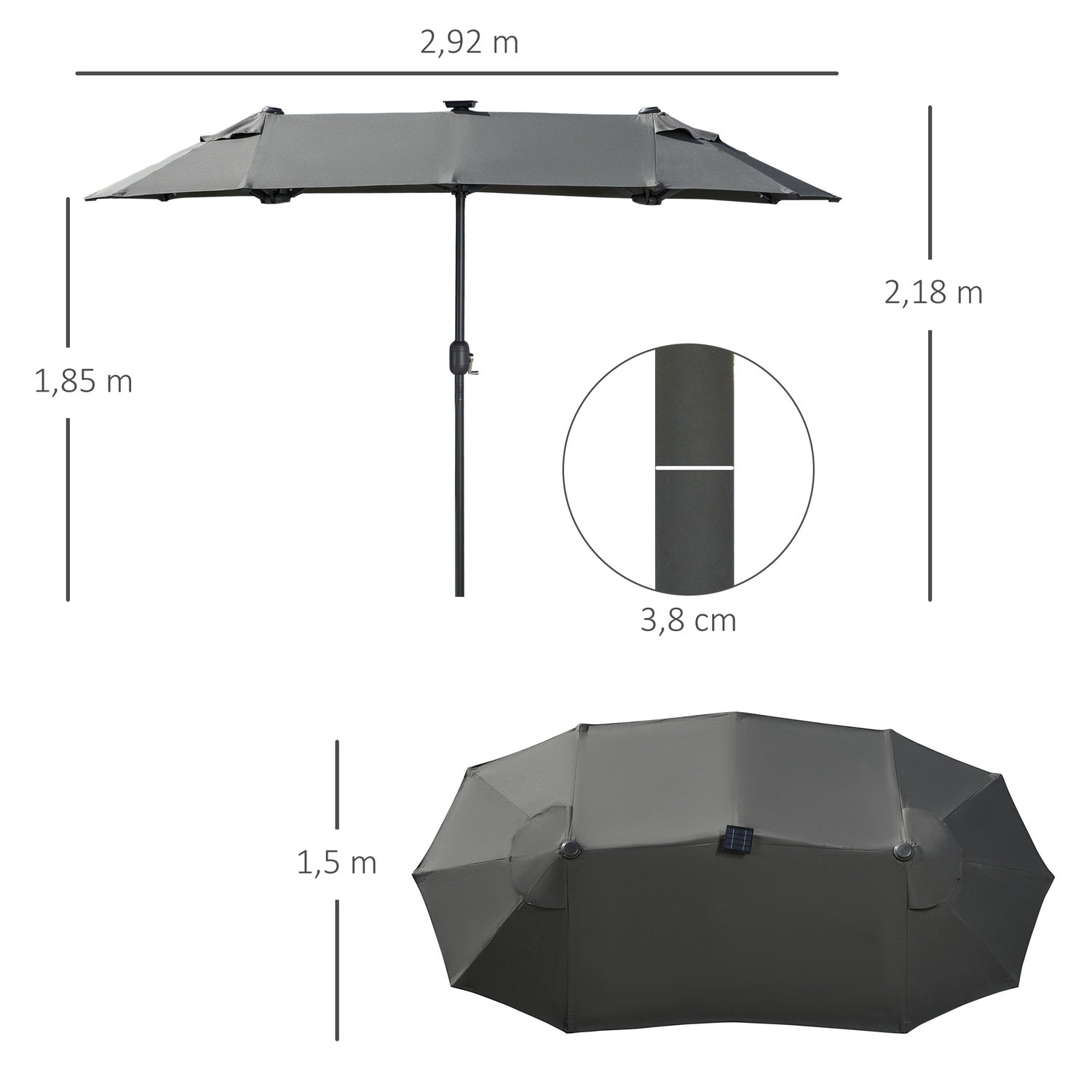 Dvojitý zahradní slunečník, 295x219cm, odolný proti větru s LED osvětlením a naklápěním