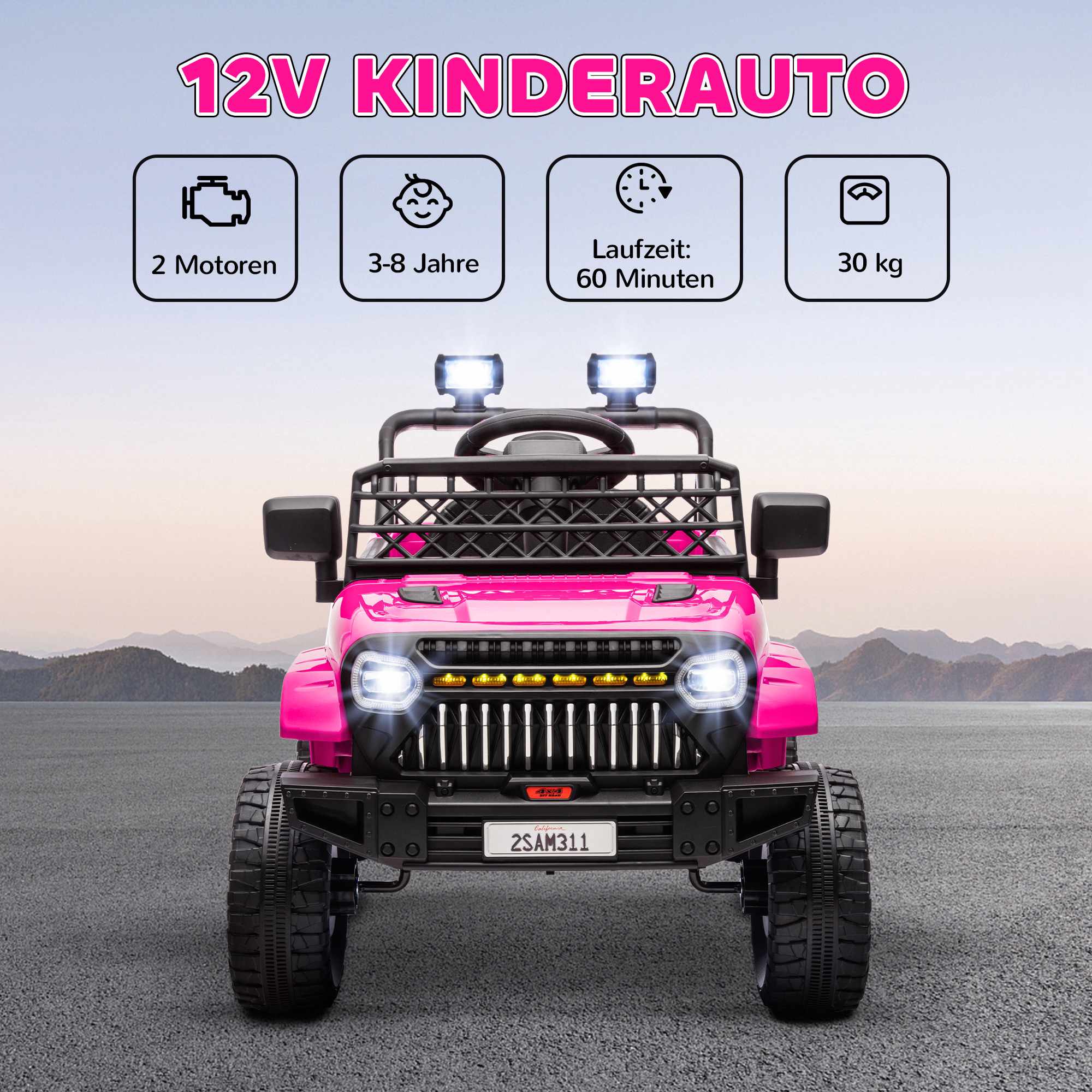 Elbil för barn 12V med fjärrkontroll, rosa, åldrar 3-8