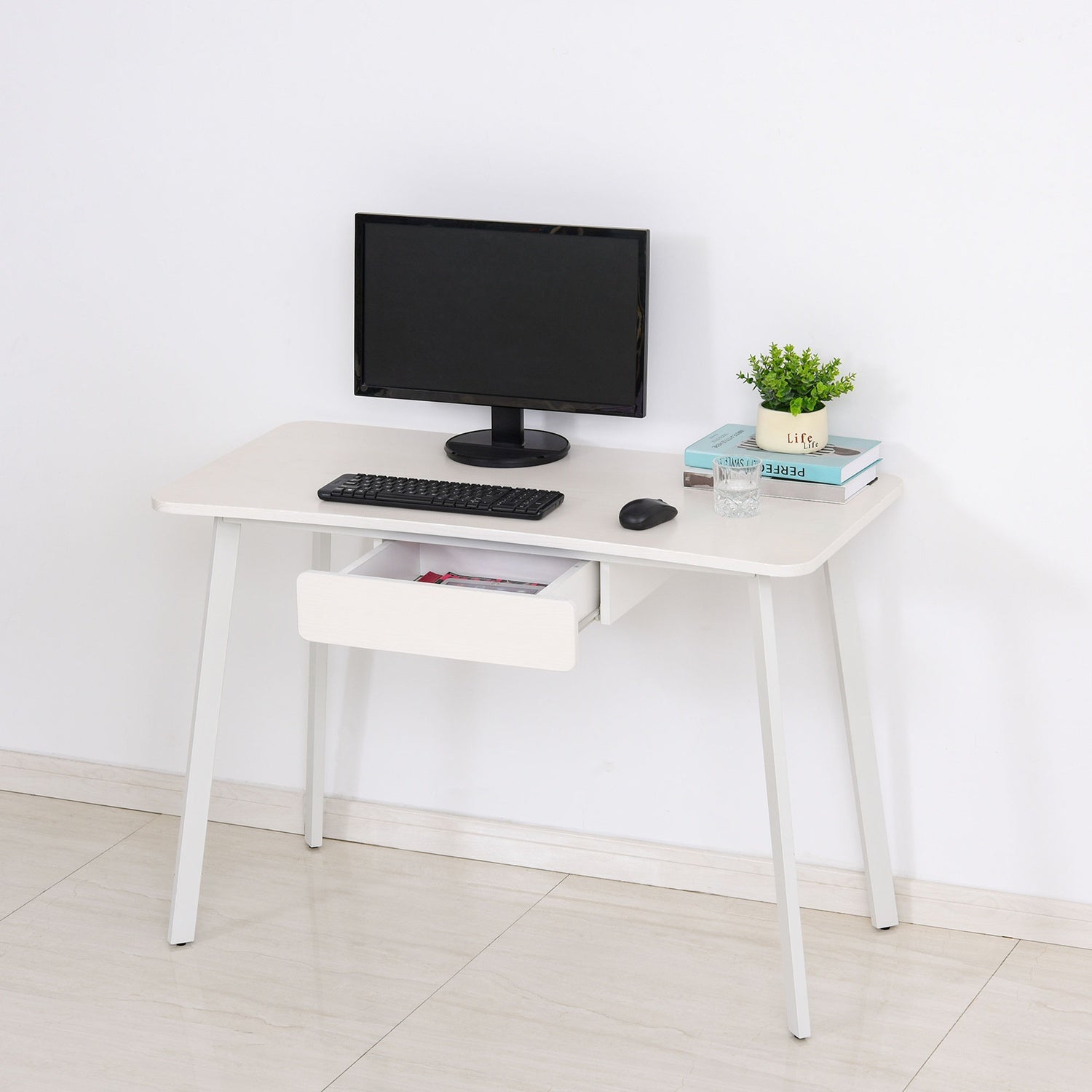 Elegant vitt kontorsbord med lådor, MDF & stål, 120x60x76 cm