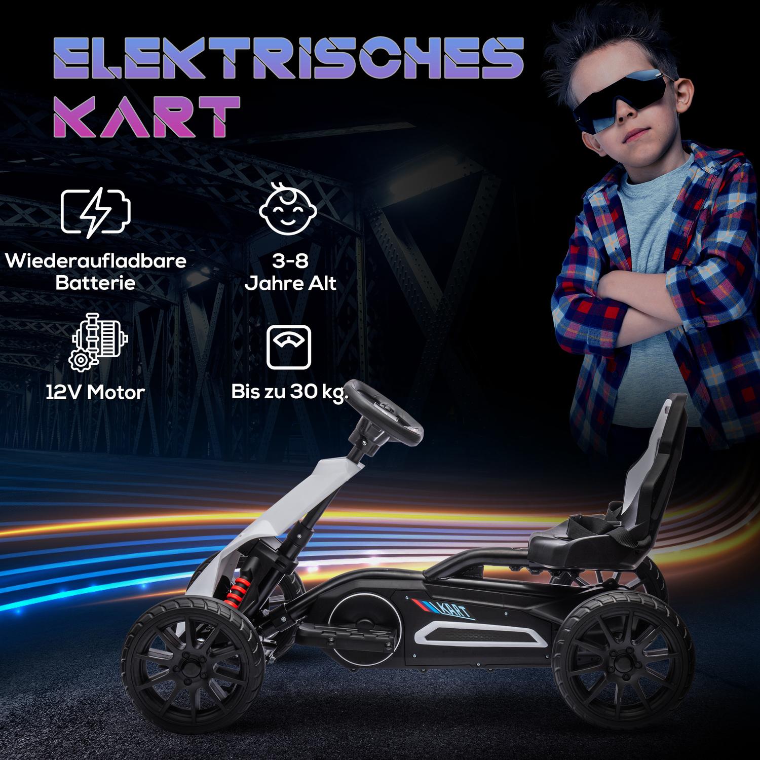Elektrická motokára Drift Go-Kart pro děti, 12V, 3-8 let, bílá