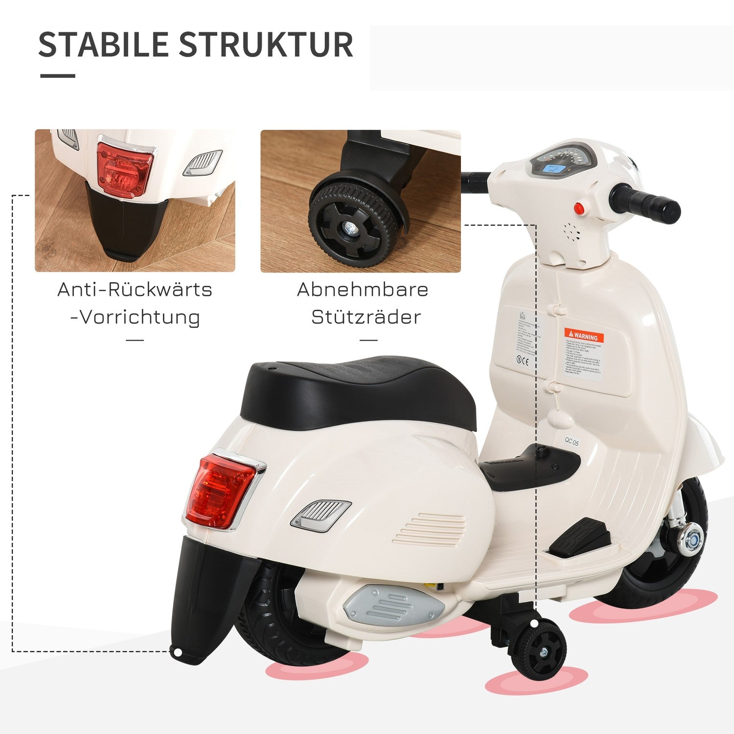 Elektrisk barnmotorcykel, 18-36 månader, LED-lampor, vit