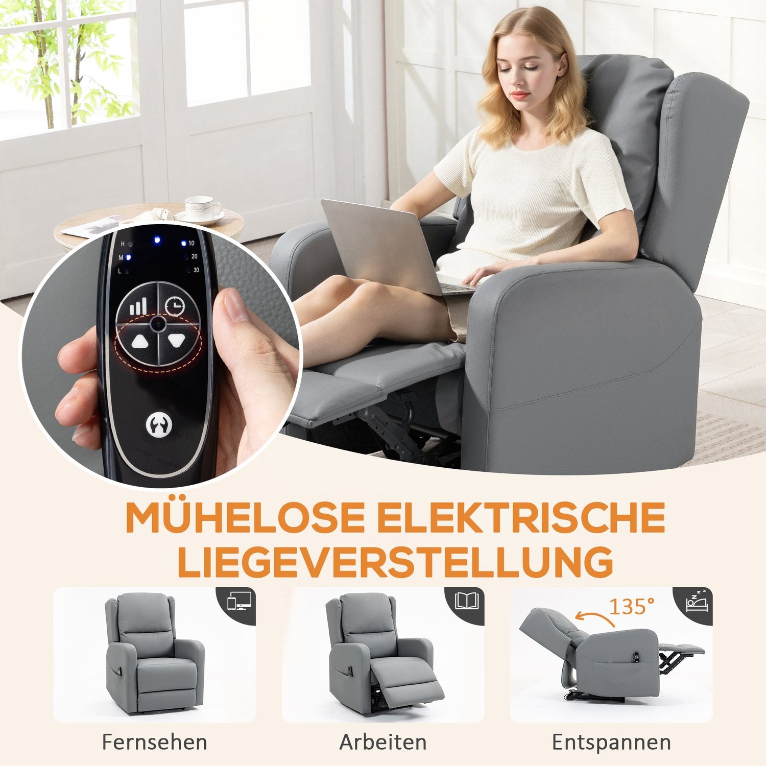 Elektrisk fåtölj, konstläder, grå, fotstöd