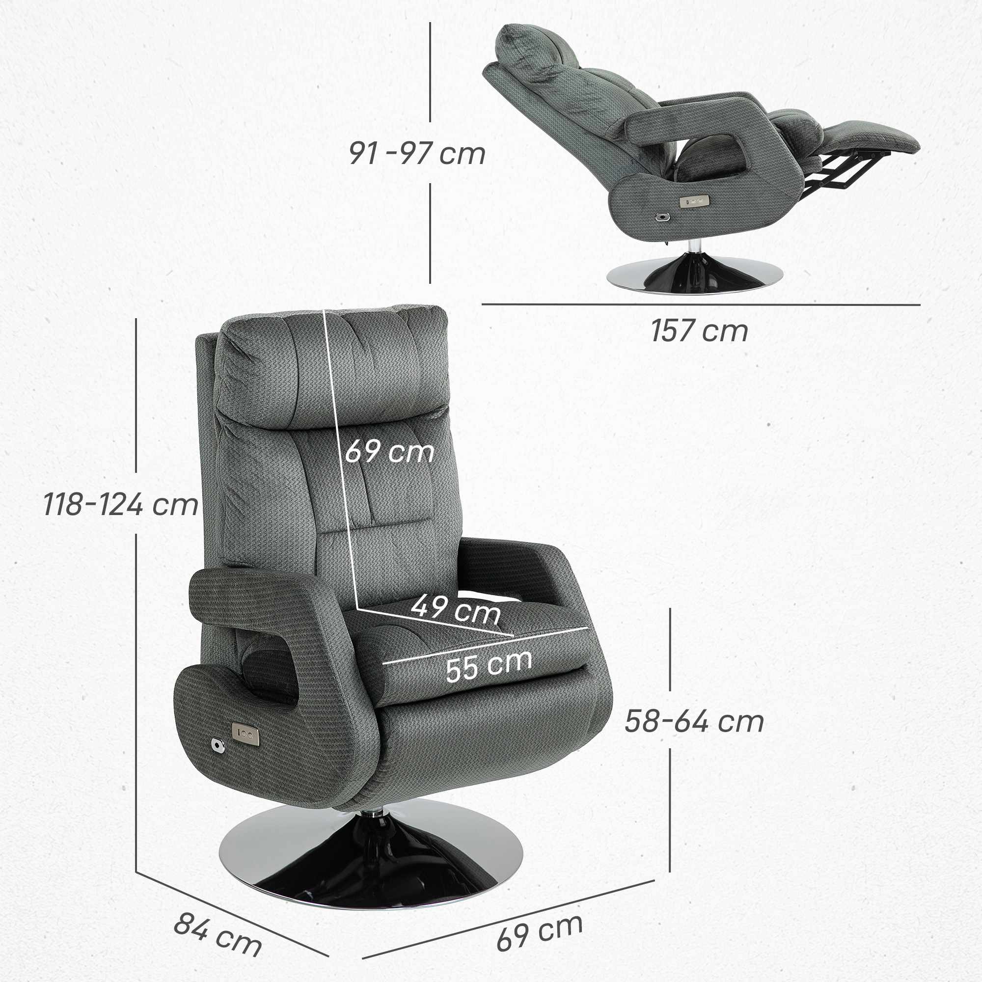 Elektrisk fåtölj med USB, sammet, snurrande, grå